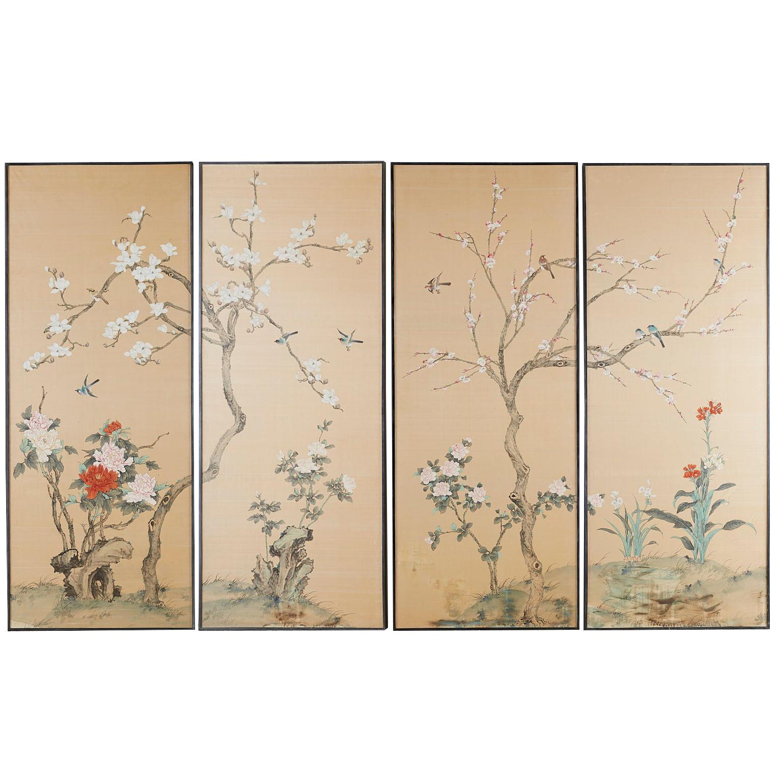 Set of Four Chinese Painted Silk Bird and Flower Panels