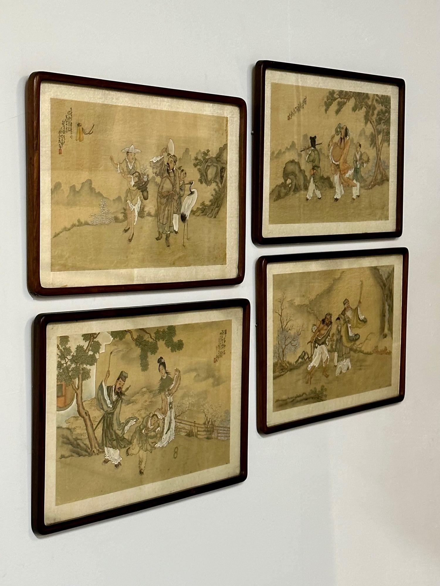 Set of Four Chinese Paintings in Rosewood Frames, Signed, 19th Century, Oil Canvas

Stunning example of Oriental works on canvas on wood. Each in a fine custom rosewood frame, matted. The set depicting a story of a band leader and his musical tribe