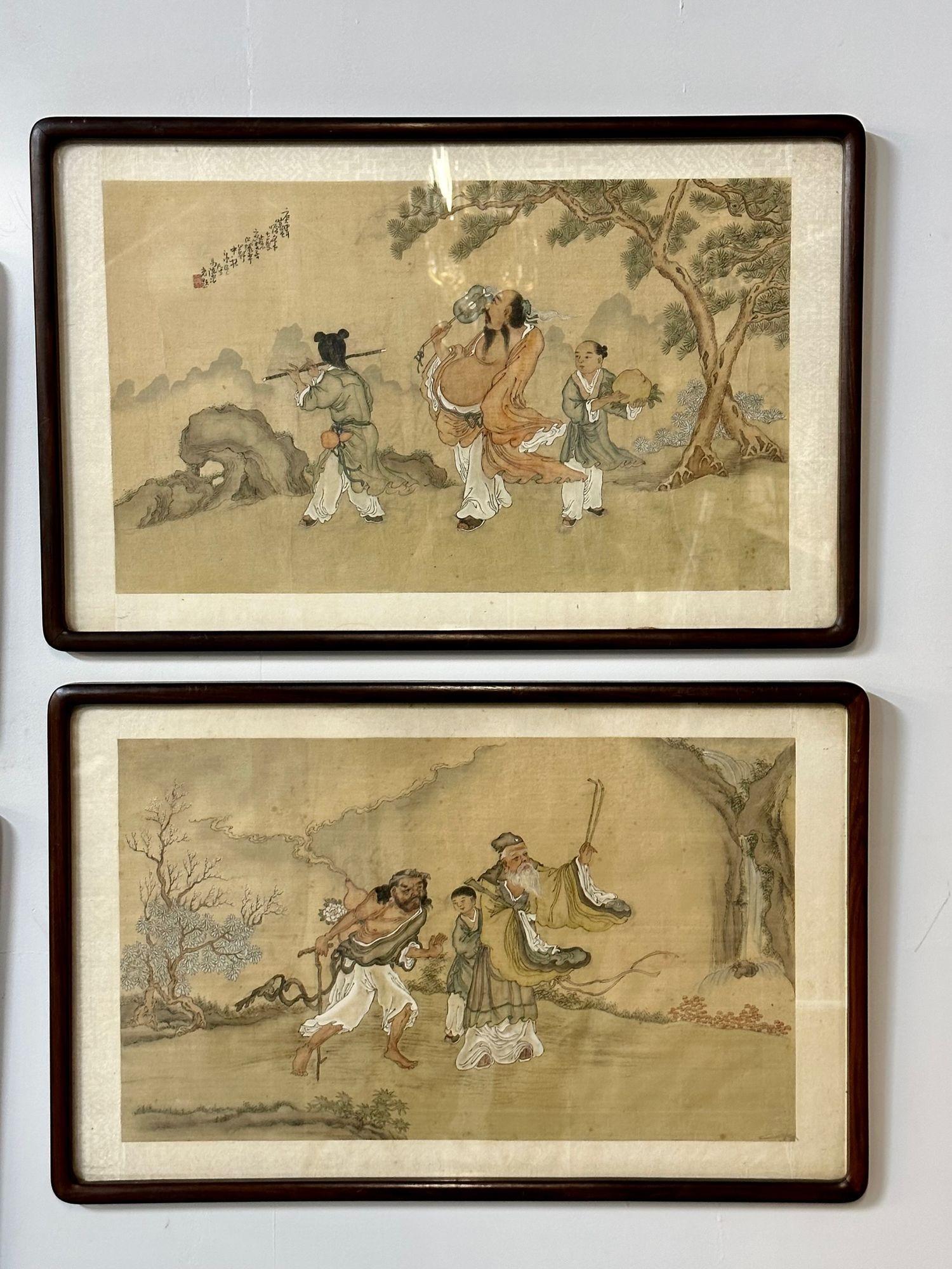 Renaissance Set of Four Chinese Paintings in Rosewood Frames, Signed, 19th Century For Sale