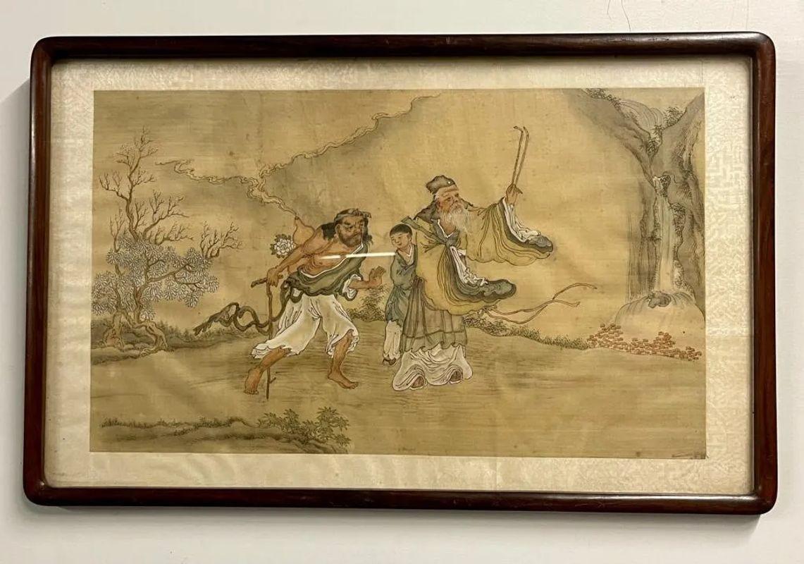 Canvas Set of Four Chinese Paintings in Rosewood Frames, Signed, 19th Century For Sale