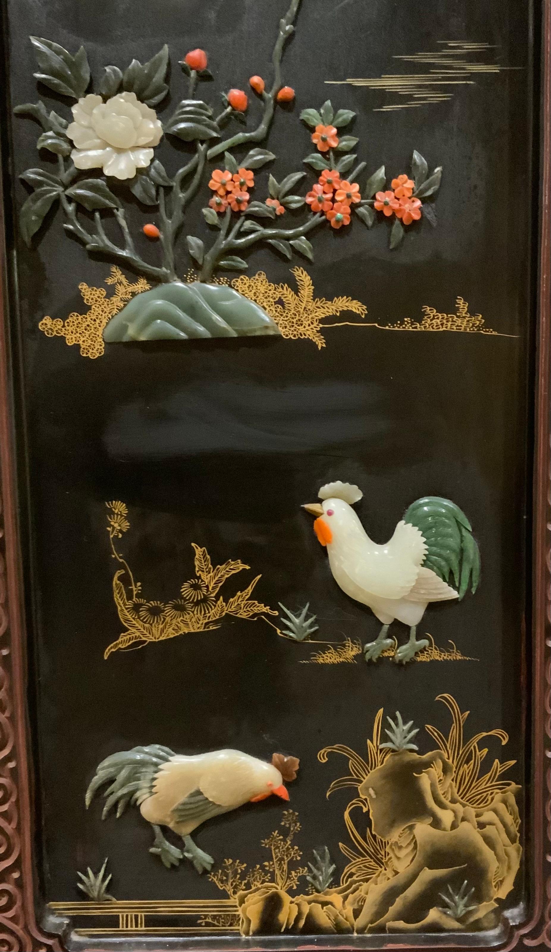 20th Century Set of four Chinese panels  with hard stones and jade inset in carved frames For Sale