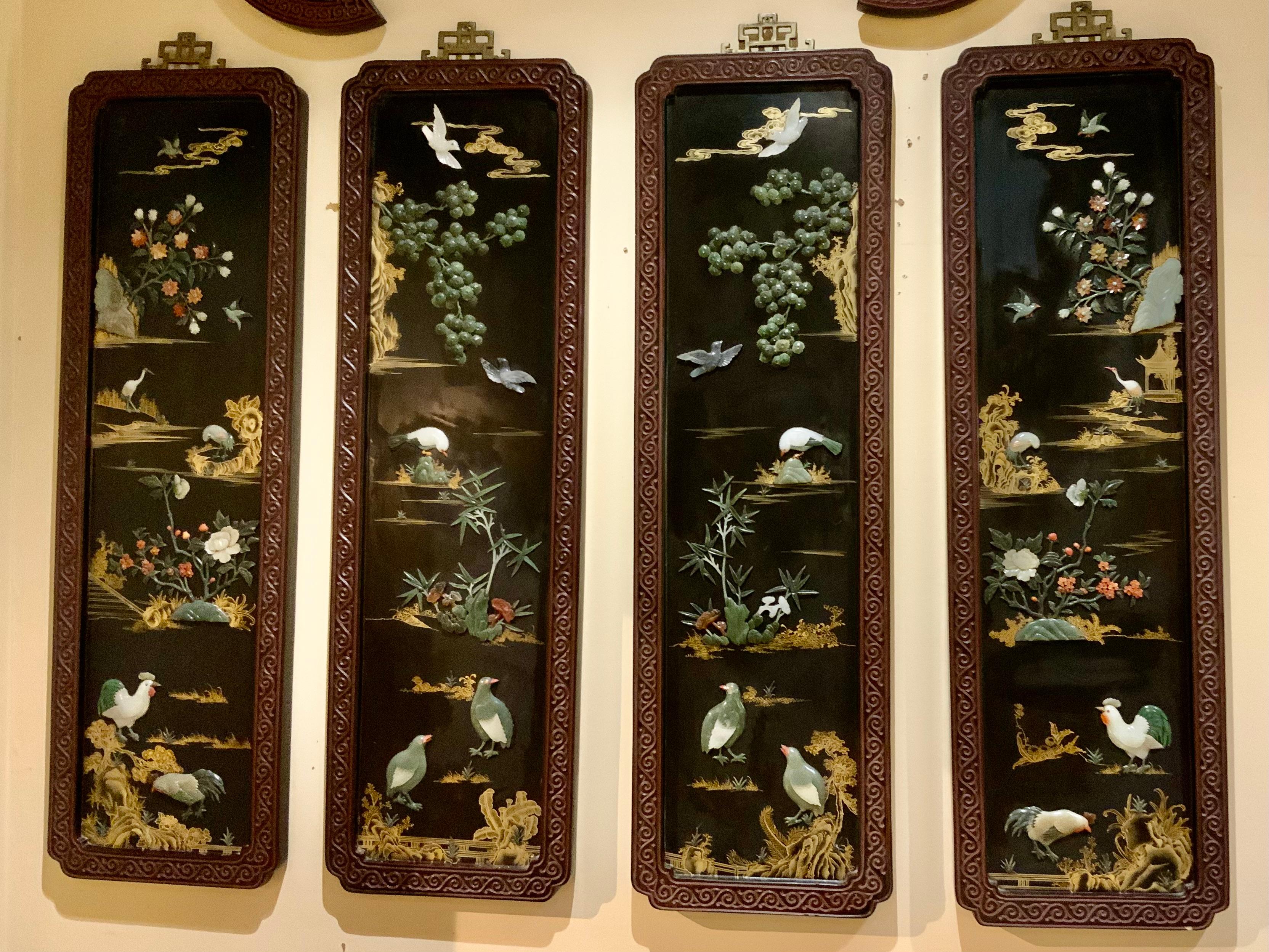 Jade Set of four Chinese panels  with hard stones and jade inset in carved frames For Sale