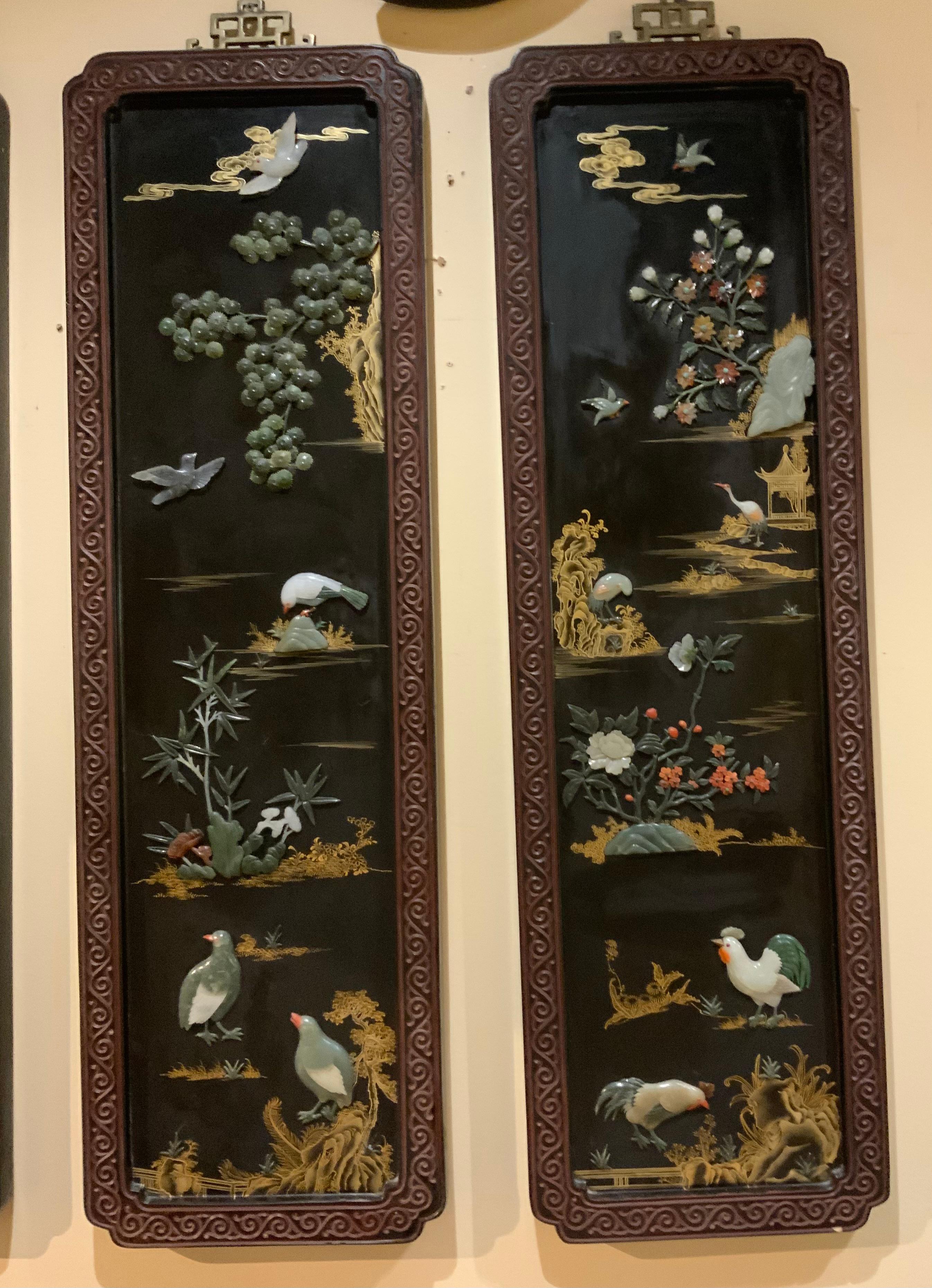 Set of four Chinese panels  with hard stones and jade inset in carved frames For Sale 1