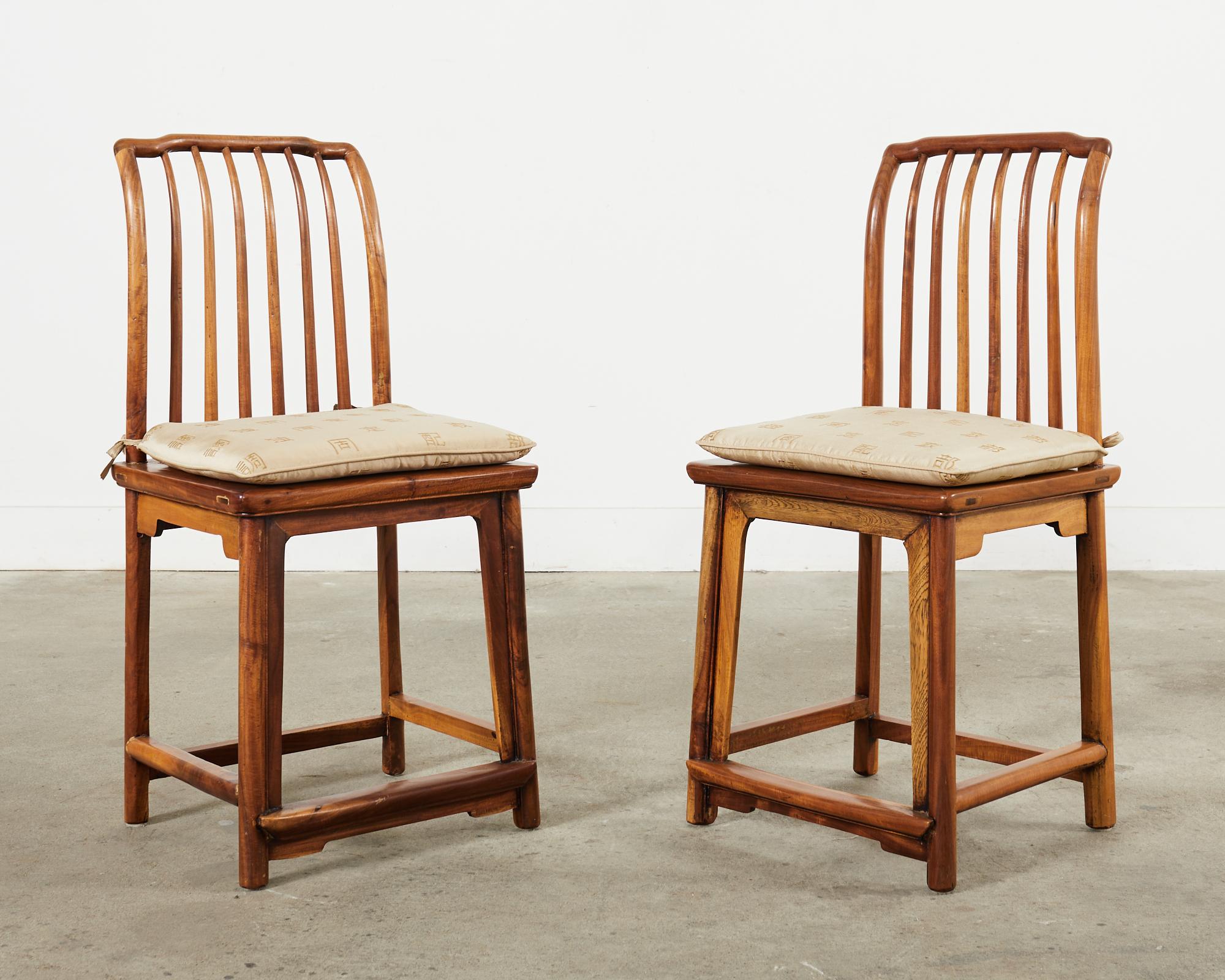 Fabric Set of Four Chinese Provincial Spindleback Elm Dining Chairs For Sale