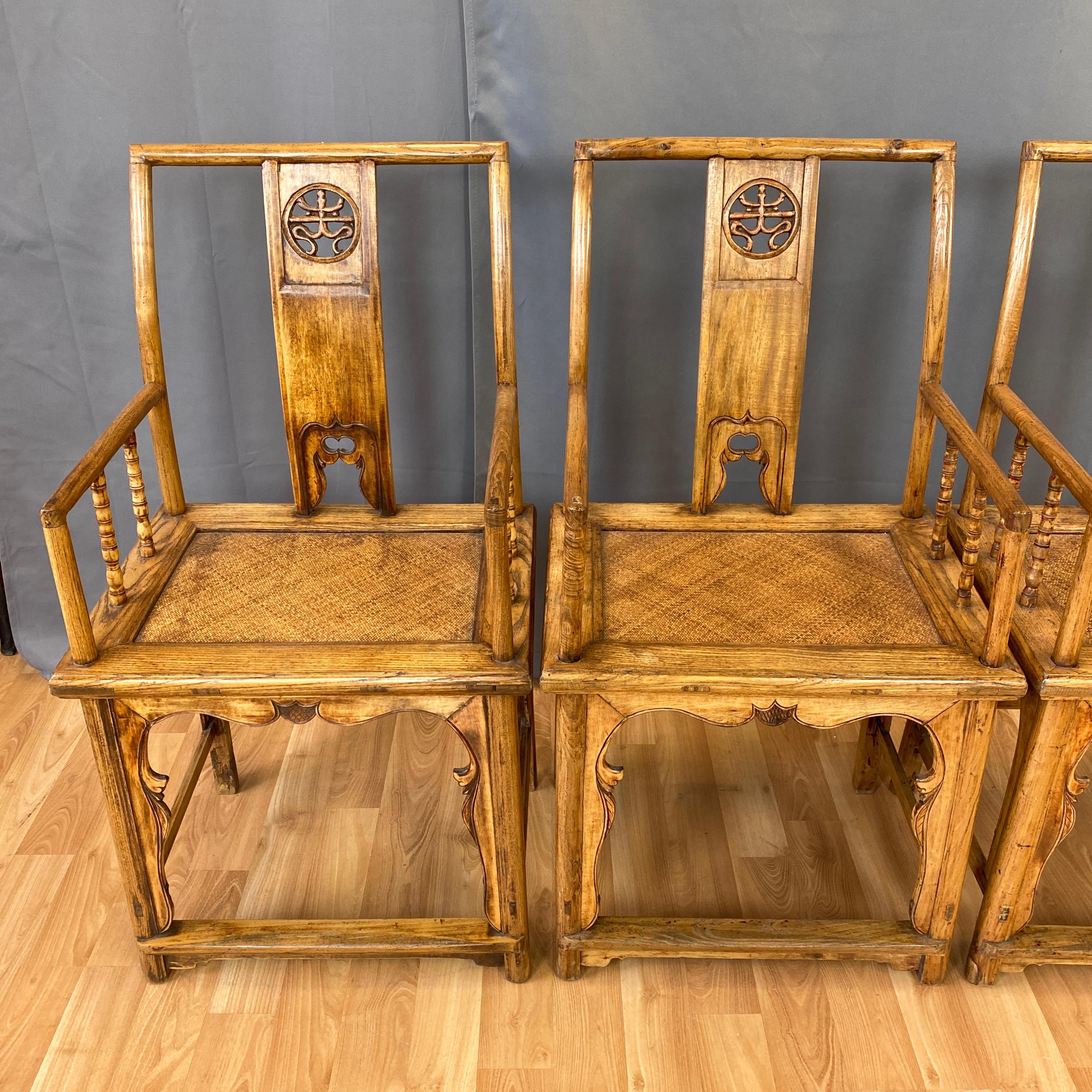 Set of Four Chinese Southern Official’s Hat Elm & Rattan Armchairs, c. 1900 5