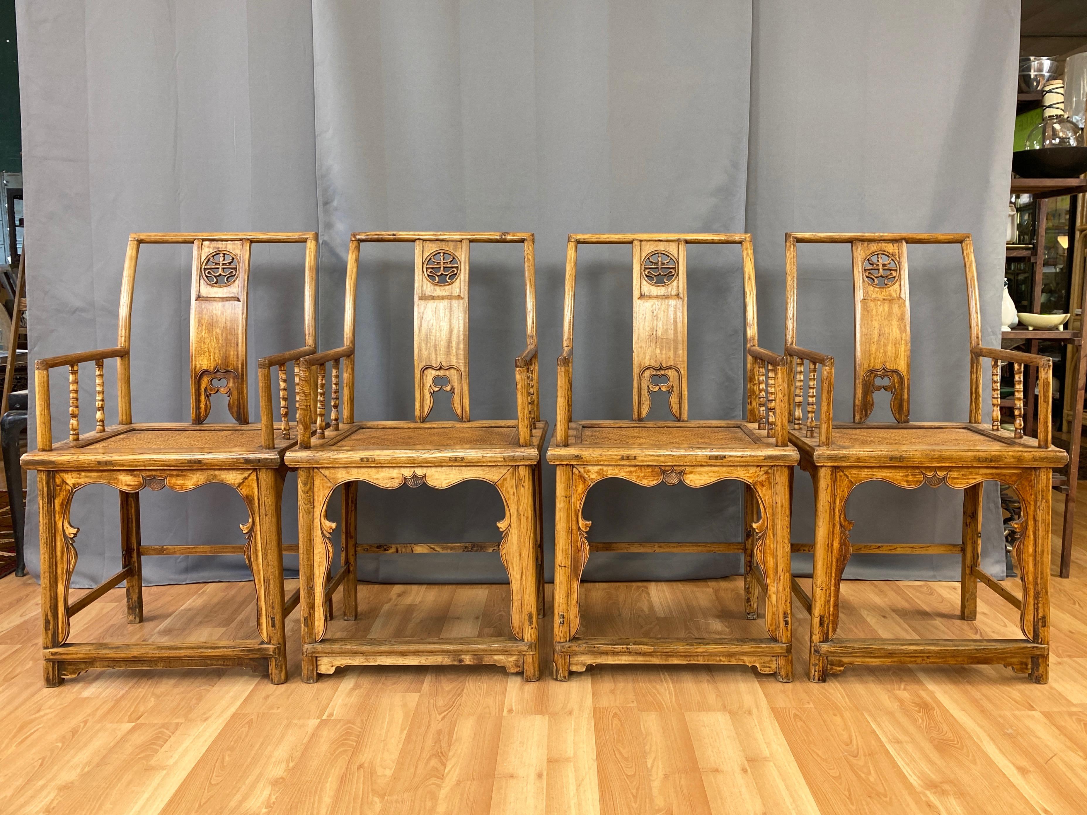 20th Century Set of Four Chinese Southern Official’s Hat Elm & Rattan Armchairs, c. 1900