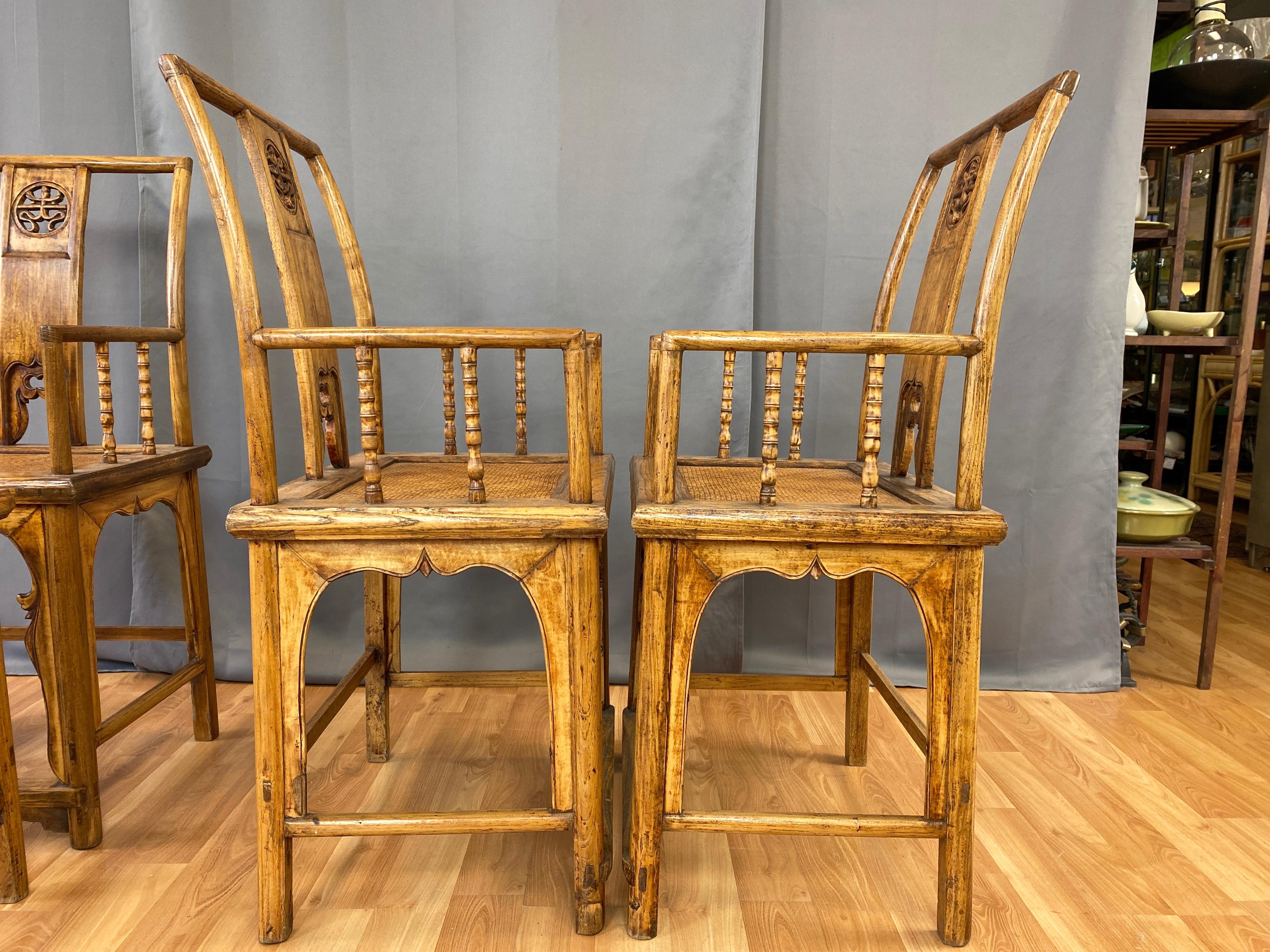 Set of Four Chinese Southern Official’s Hat Elm & Rattan Armchairs, c. 1900 4