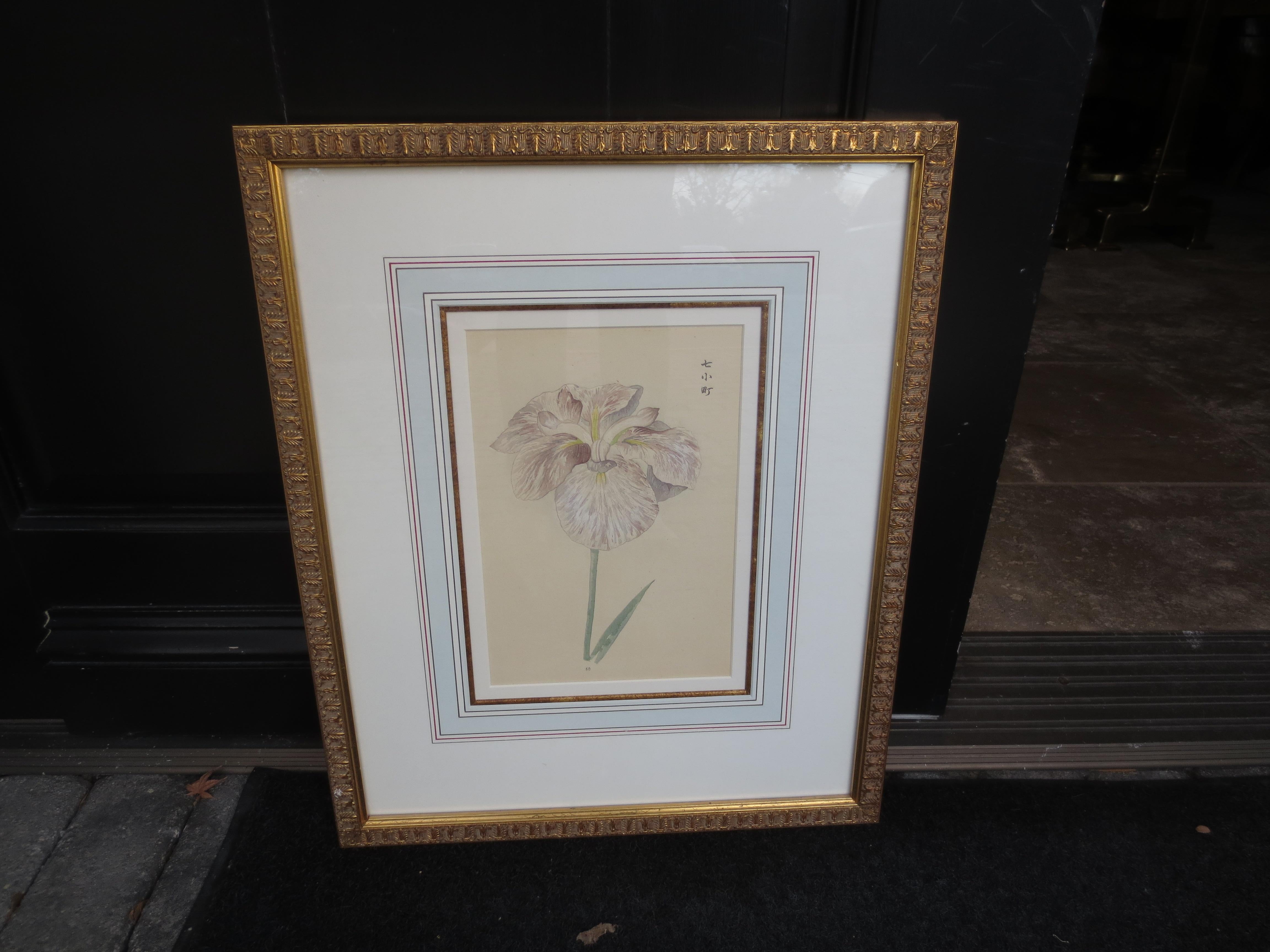 Set of Four Chinese Watercolor Flowers with Numbered Plates on English Mats In Good Condition For Sale In Atlanta, GA
