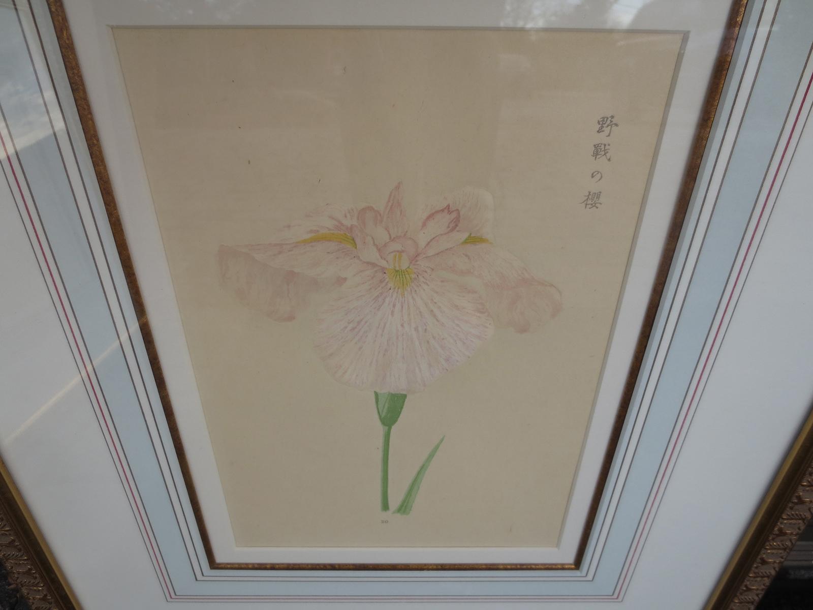 Set of Four Chinese Watercolor Flowers with Numbered Plates on English Mats For Sale 3