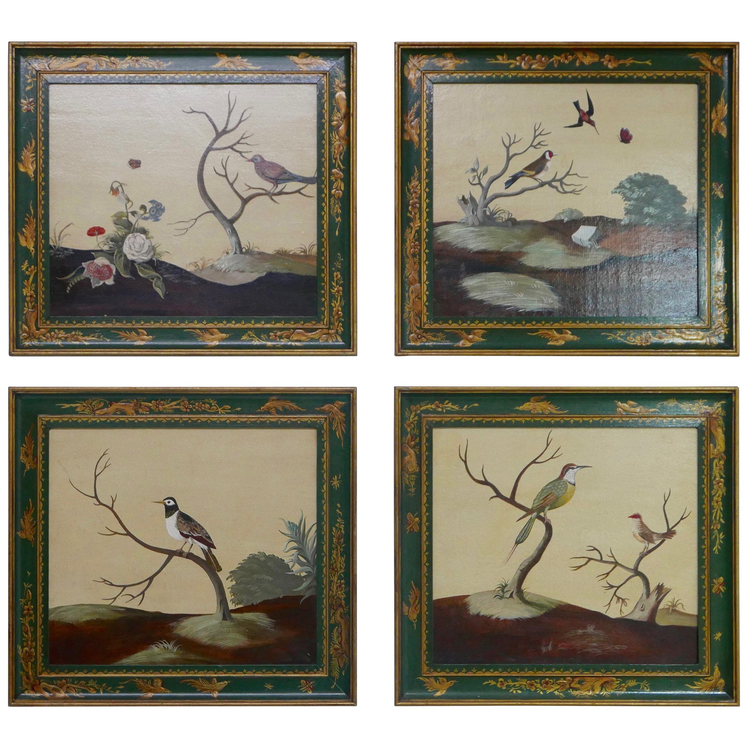 Set of Four Chinoiserie Framed Chinese Style Bird Paintings, Early 20th Century