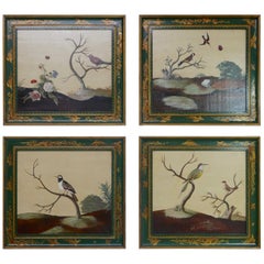 Set of Four Chinoiserie Framed Chinese Style Bird Paintings, Early 20th Century