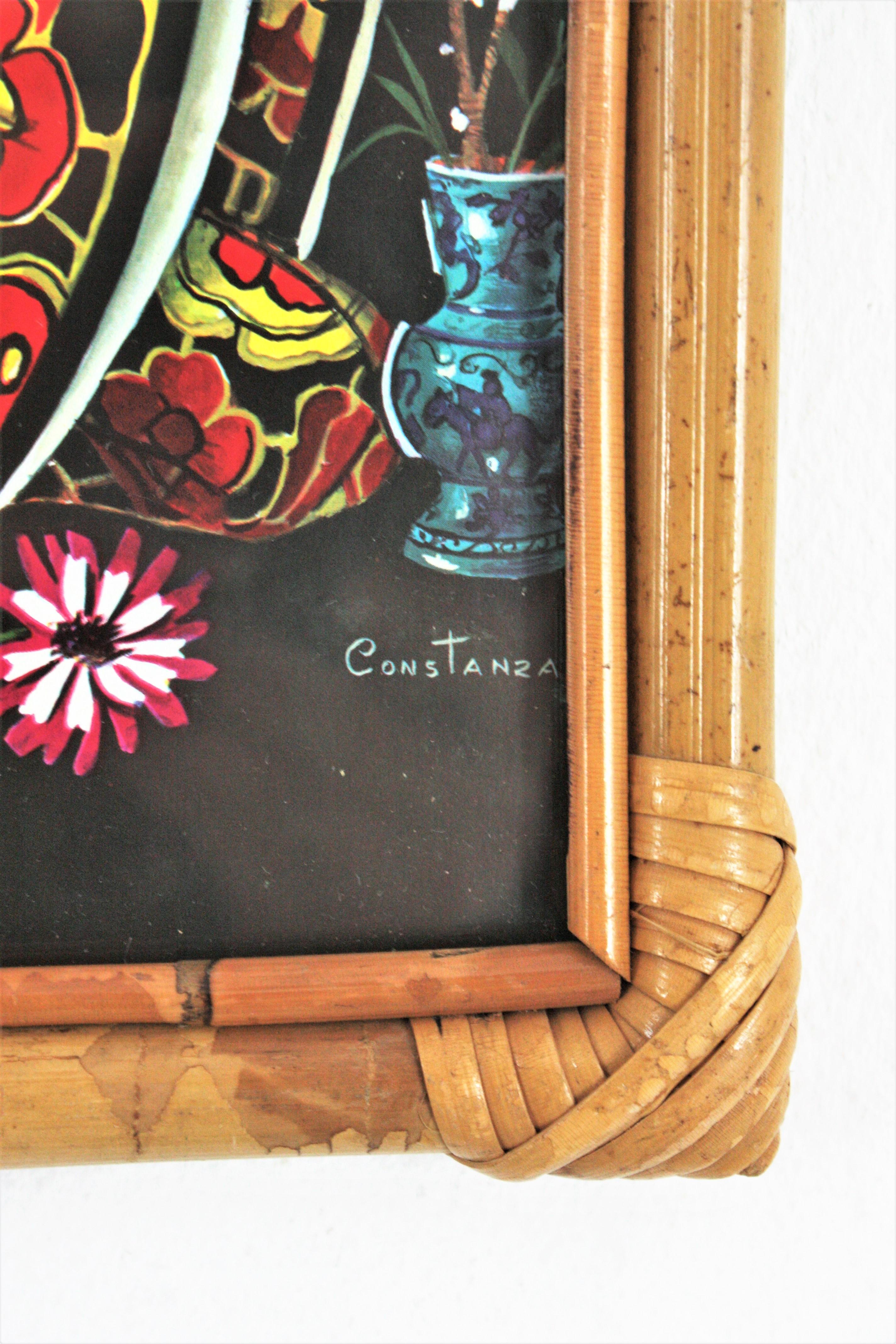 Conjunto de cuatro láminas, Chinoiserie Oriental Damas Geishas con marcos de bambú en venta 2