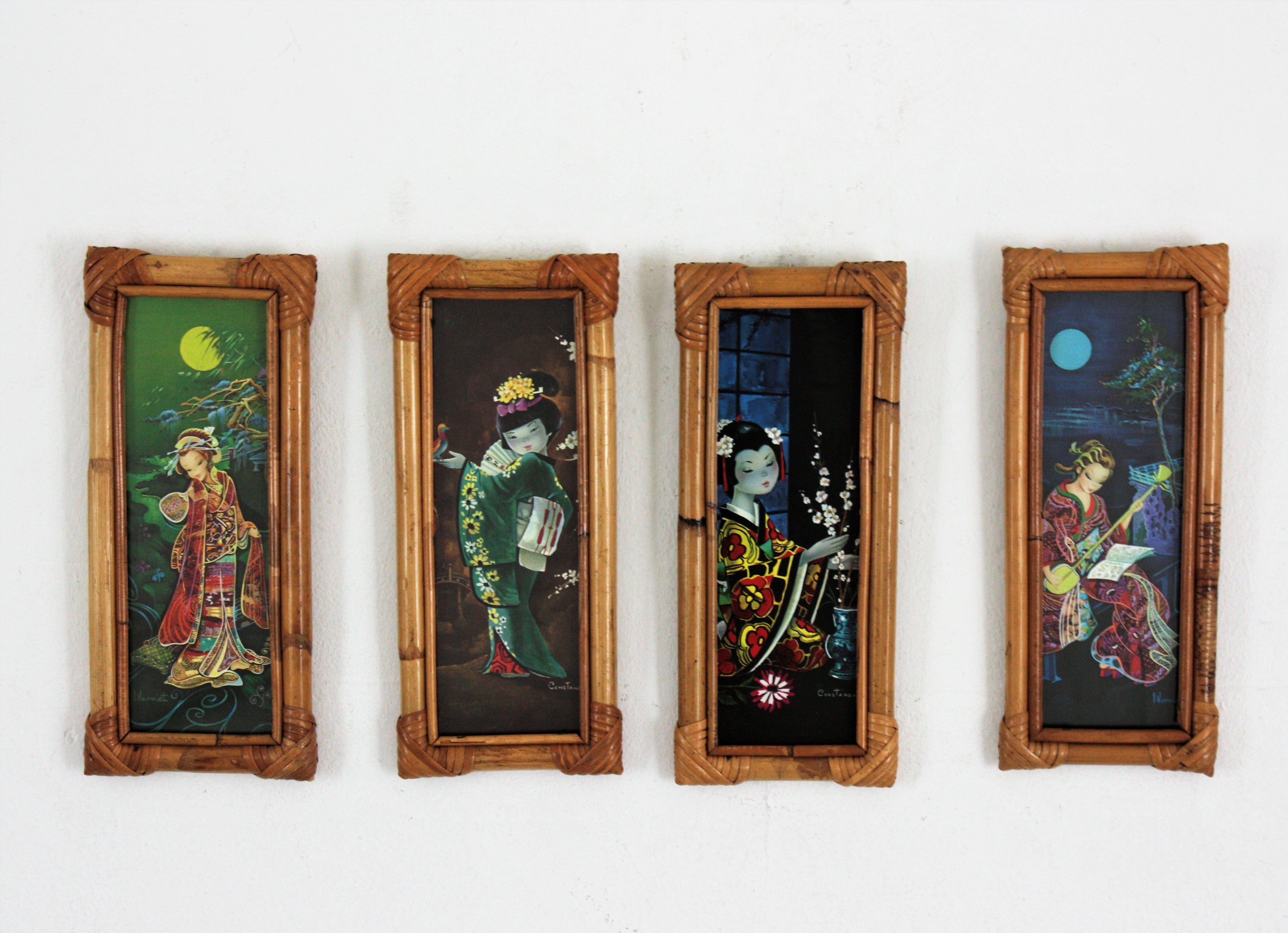 Set of Four Prints, Chinoiserie Oriental Geisha Ladies, Bamboo Frames For Sale 4