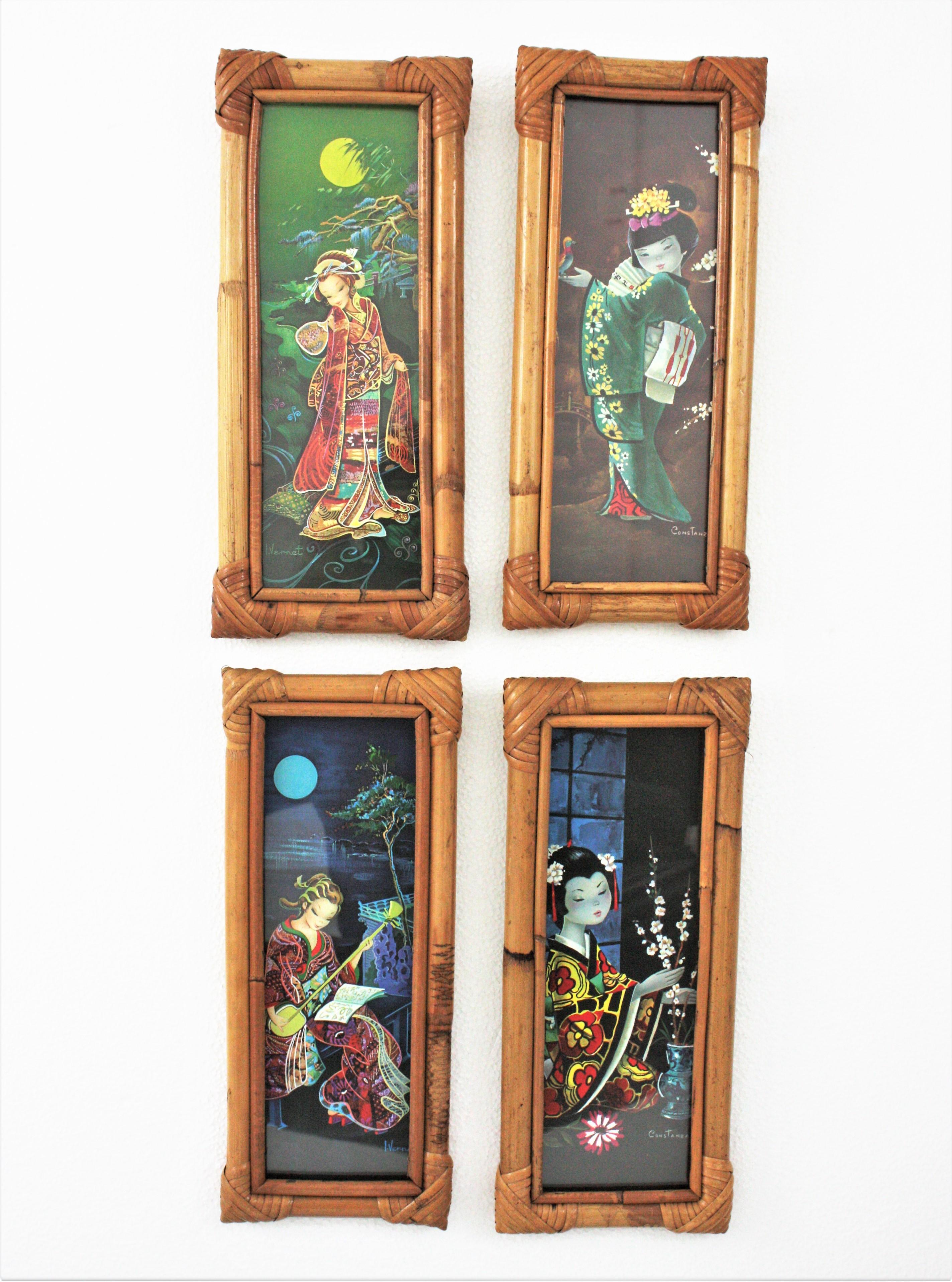 Set of Four Prints, Chinoiserie Oriental Geisha Ladies, Bamboo Frames For Sale 5