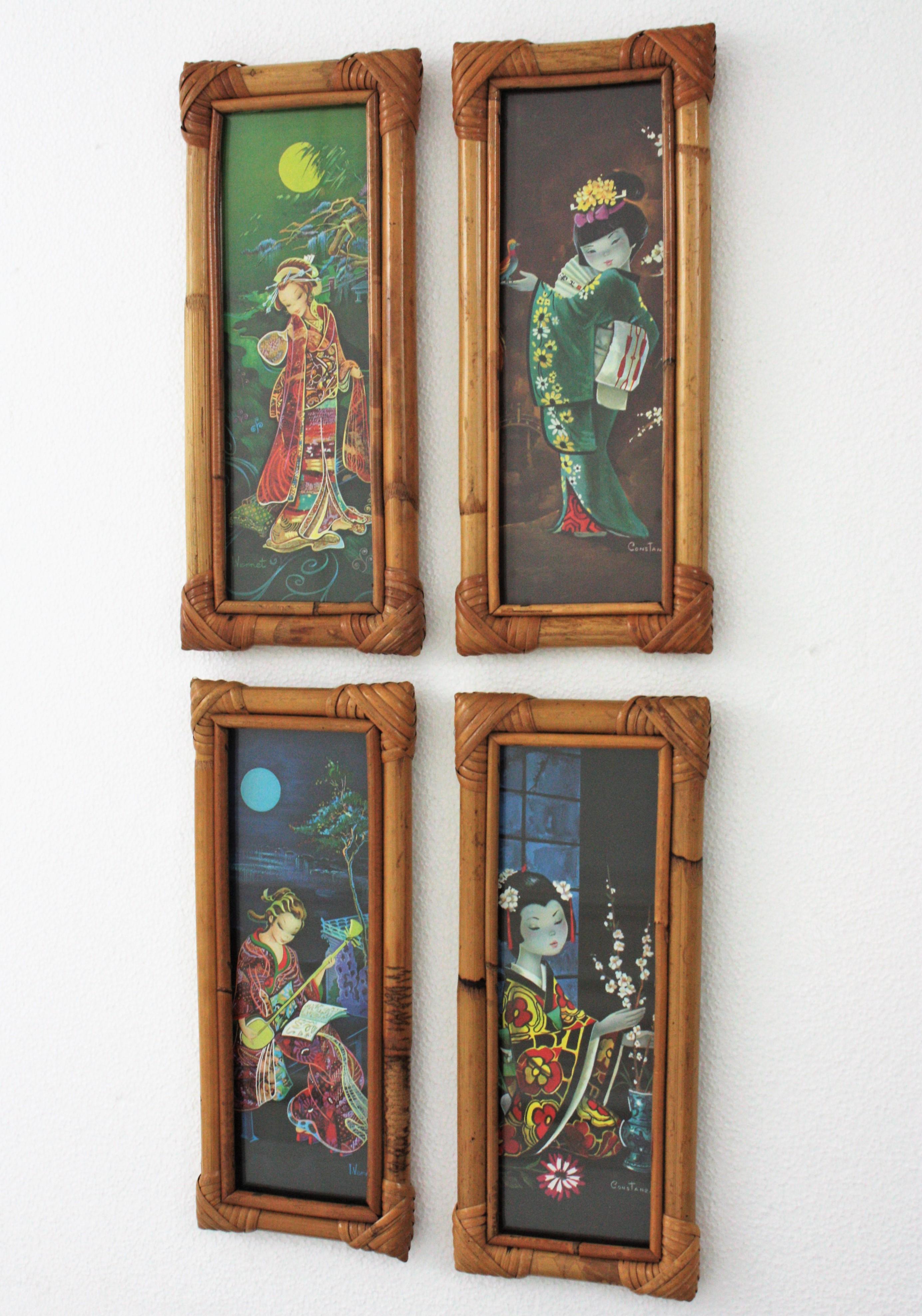 Set of Four Prints, Chinoiserie Oriental Geisha Ladies, Bamboo Frames For Sale 6