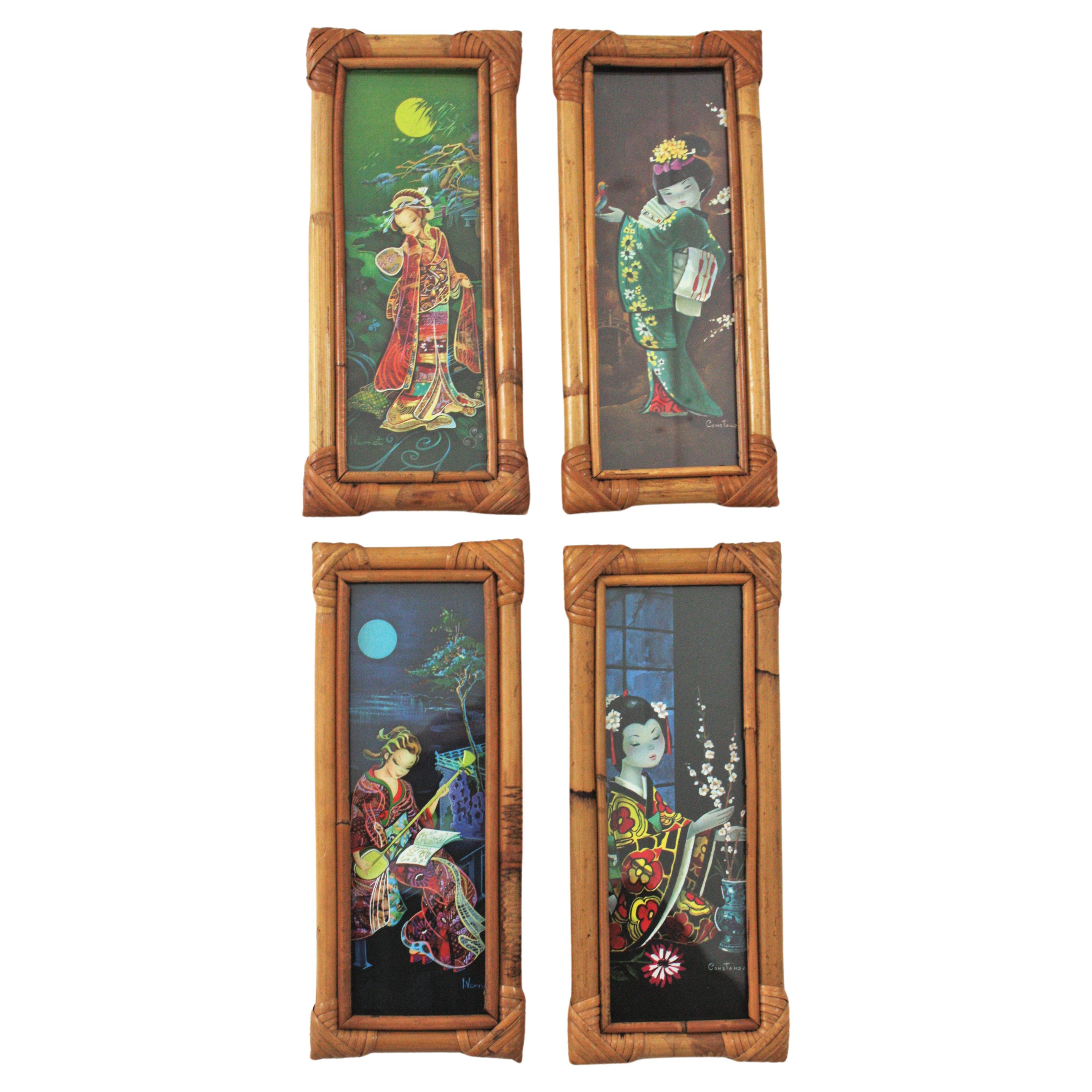 Four bamboo rectangular frames with Gheisa women prints. Spain, 1960s.
Each print has a different design, all them representing japanese Gheisas different landscapes.
Highly decorative to be used in a beach house or in any oriental inspired