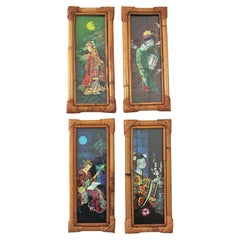 Set di quattro stampe, Geisha orientale con cornici in bambù