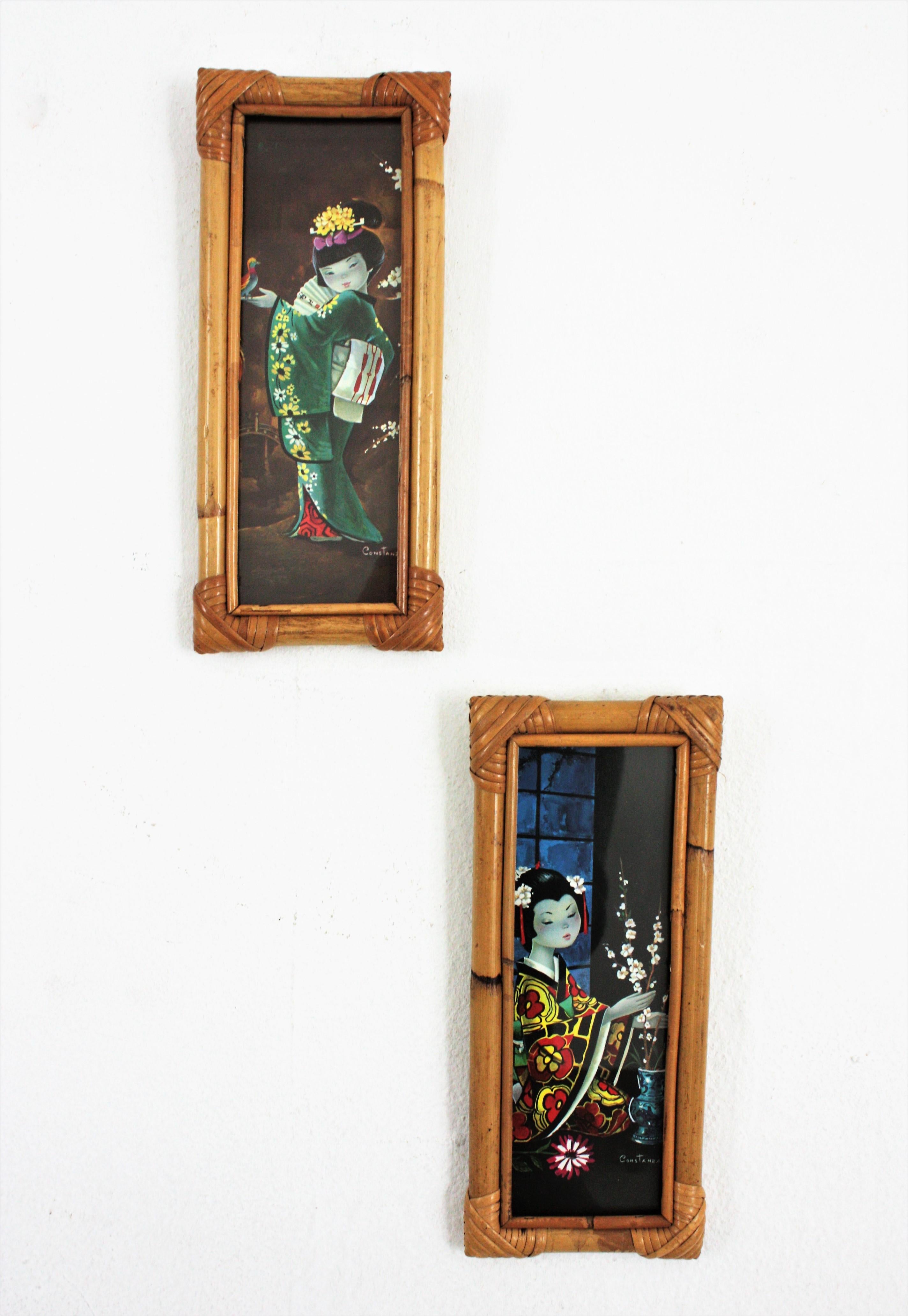 Mid-Century Modern Set of Four Prints, Chinoiserie Oriental Geisha Ladies, Bamboo Frames For Sale