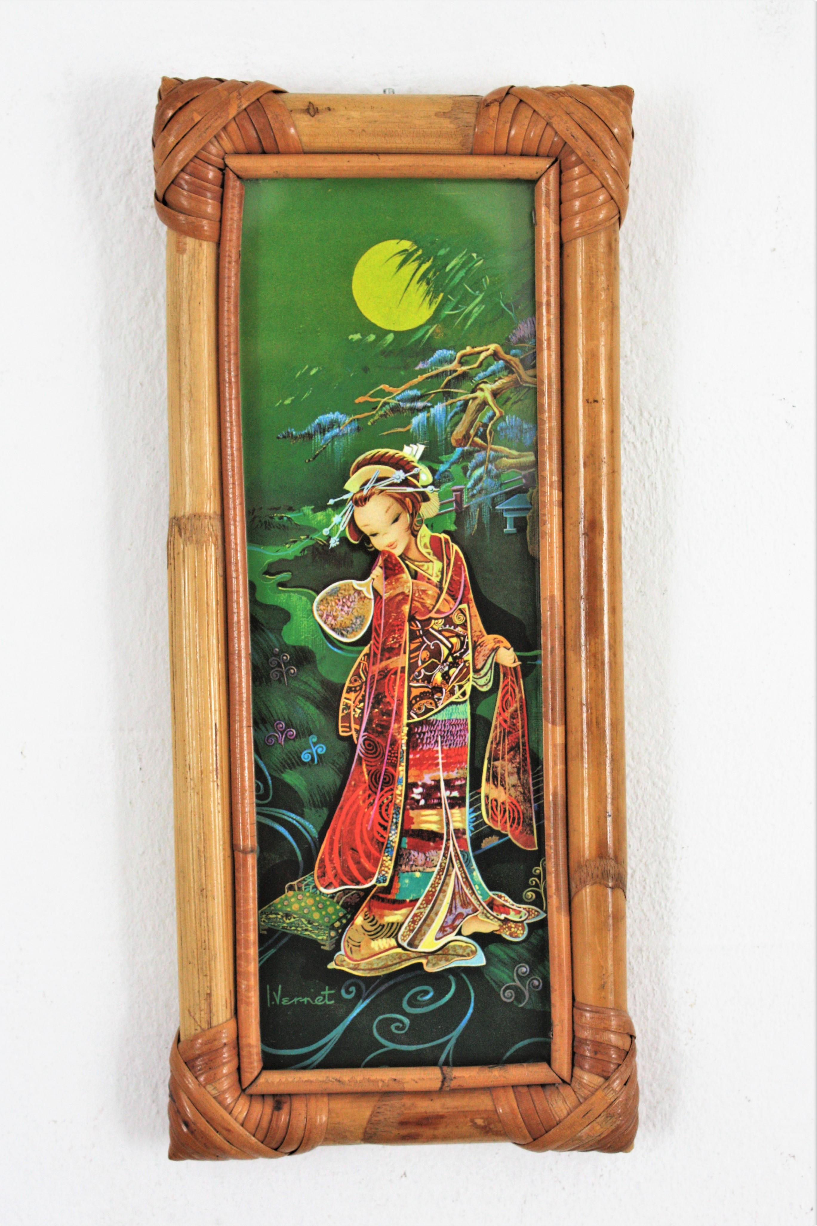 Hand-Crafted Set of Four Prints, Chinoiserie Oriental Geisha Ladies, Bamboo Frames For Sale