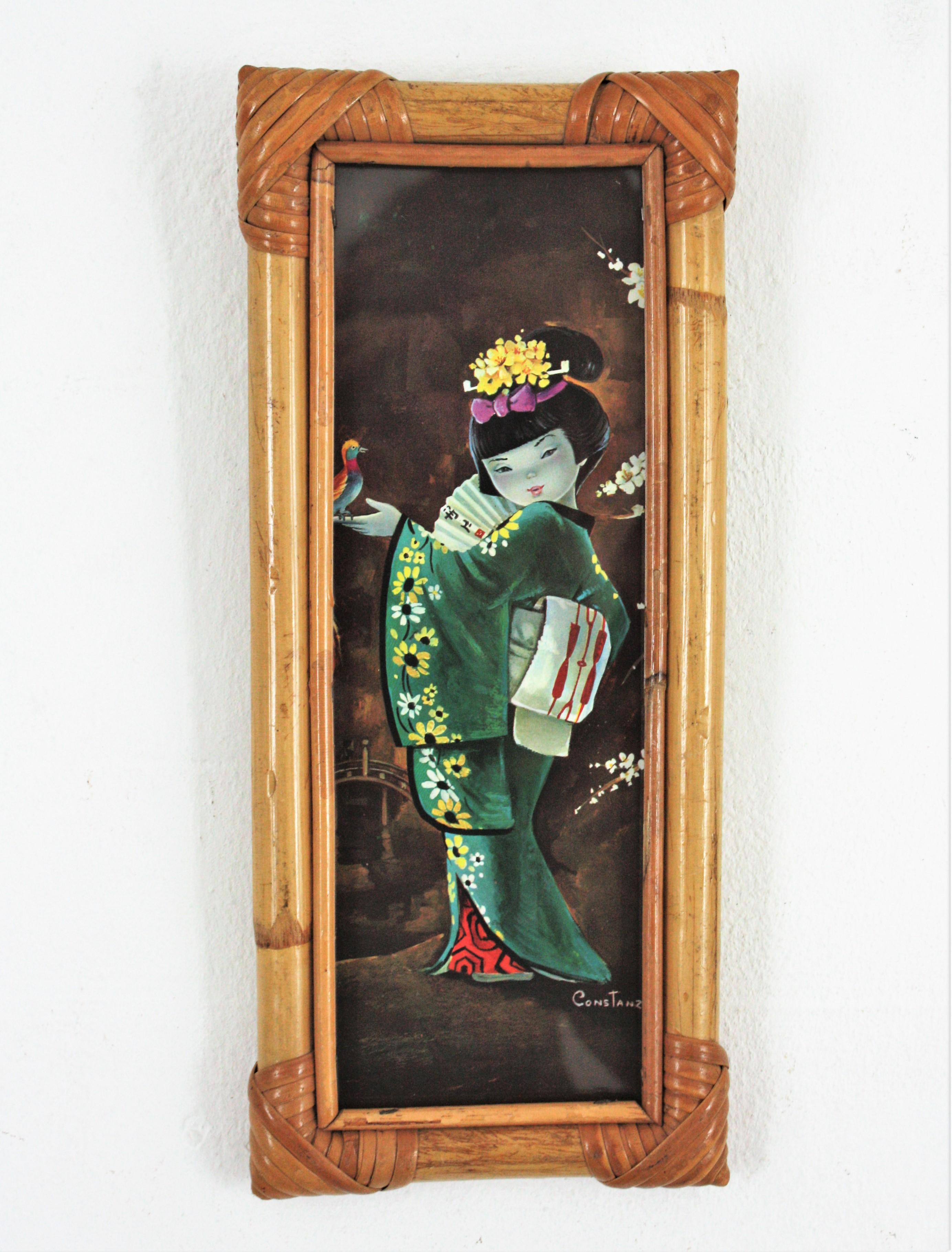 Hand-Crafted Set of Four Prints, Chinoiserie Oriental Geisha Ladies, Bamboo Frames For Sale