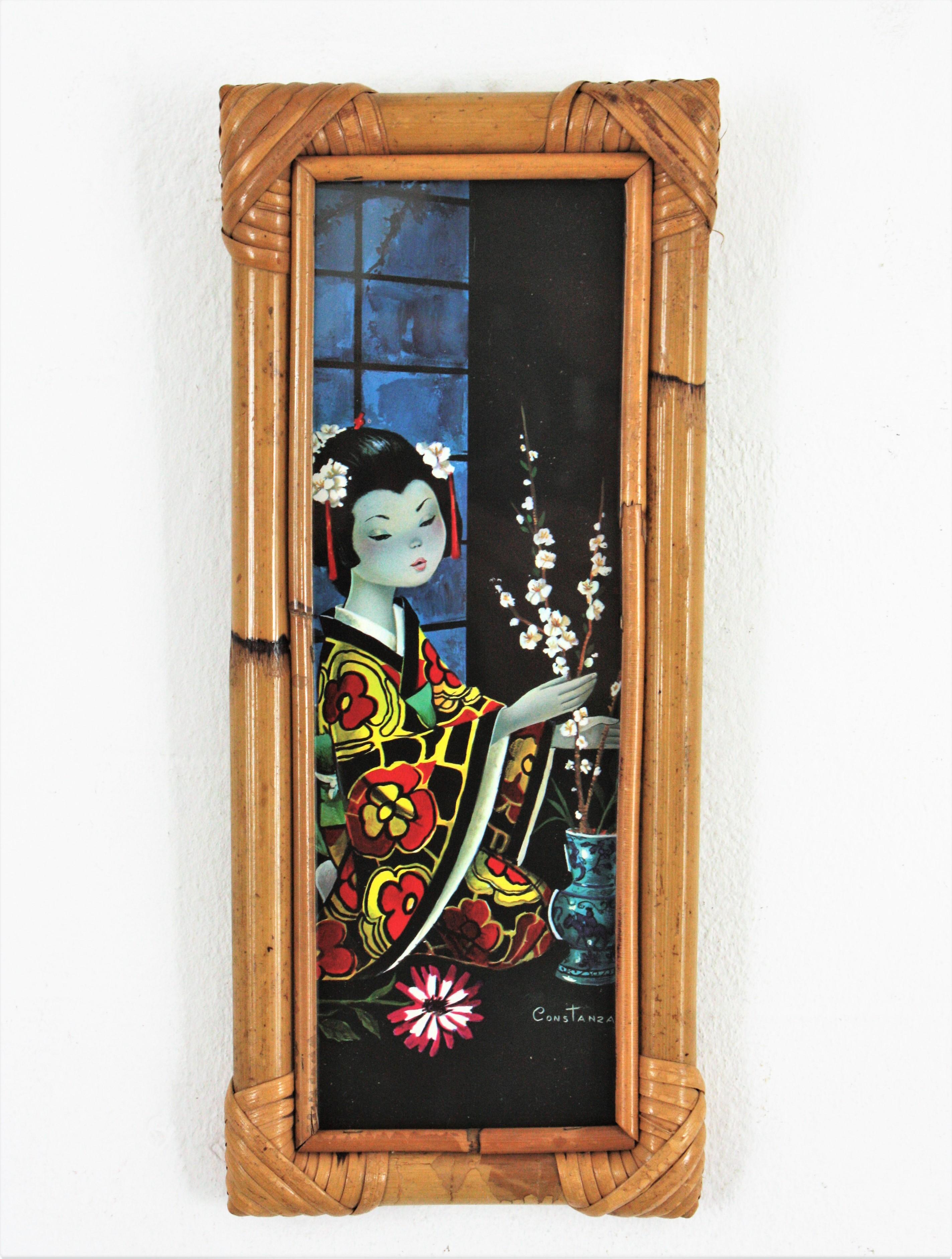 Set of Four Prints, Chinoiserie Oriental Geisha Ladies, Bamboo Frames In Good Condition For Sale In Barcelona, ES