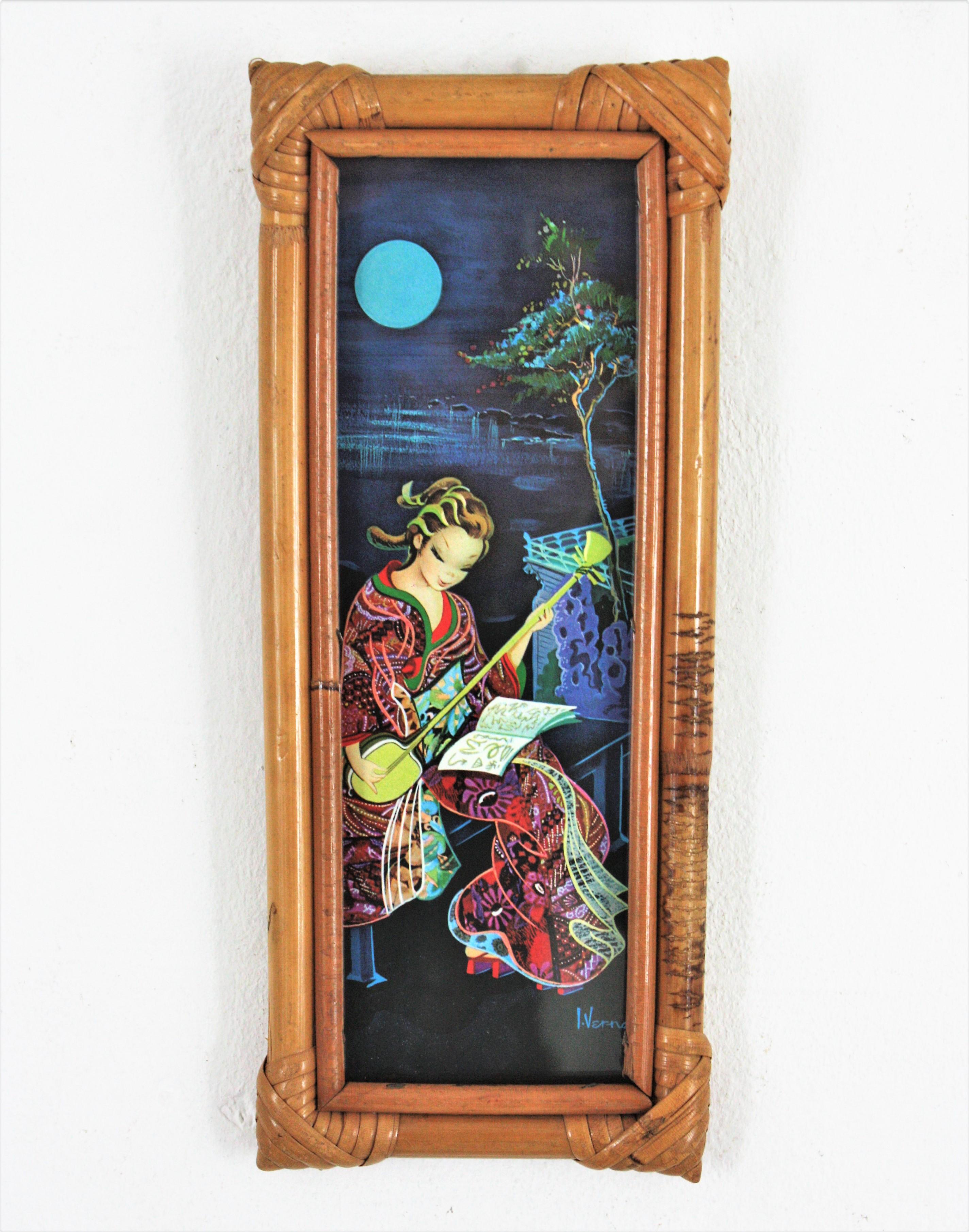 20th Century Set of Four Prints, Chinoiserie Oriental Geisha Ladies, Bamboo Frames For Sale