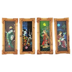 Set of Four Prints, Chinoiserie Oriental Geisha Ladies, Bamboo Frames
