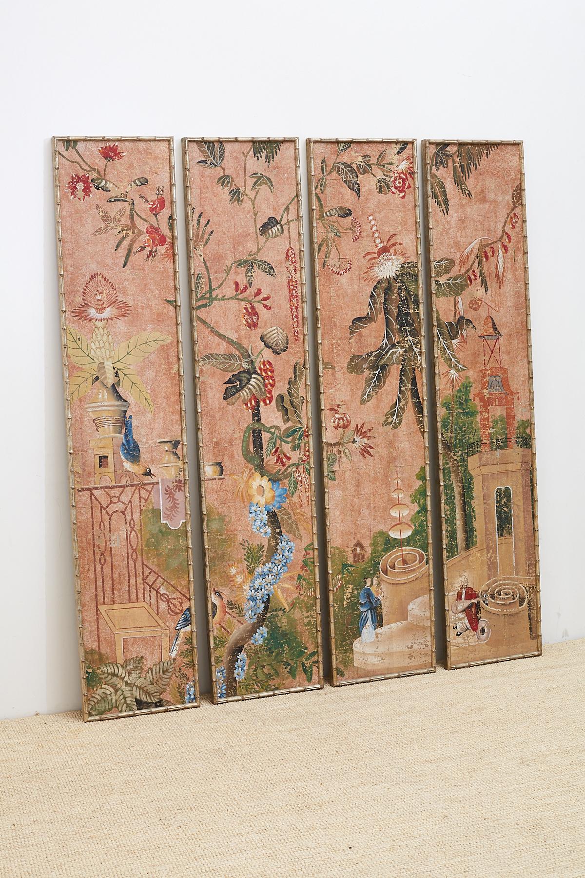 Magnificent set of four painted faux bamboo framed panels decorated in the chinoiserie revival taste of the Early European 20th century. Featuring hand-painted scenes of flora and fauna among pagoda buildings. Colorful lacquer with a distressed