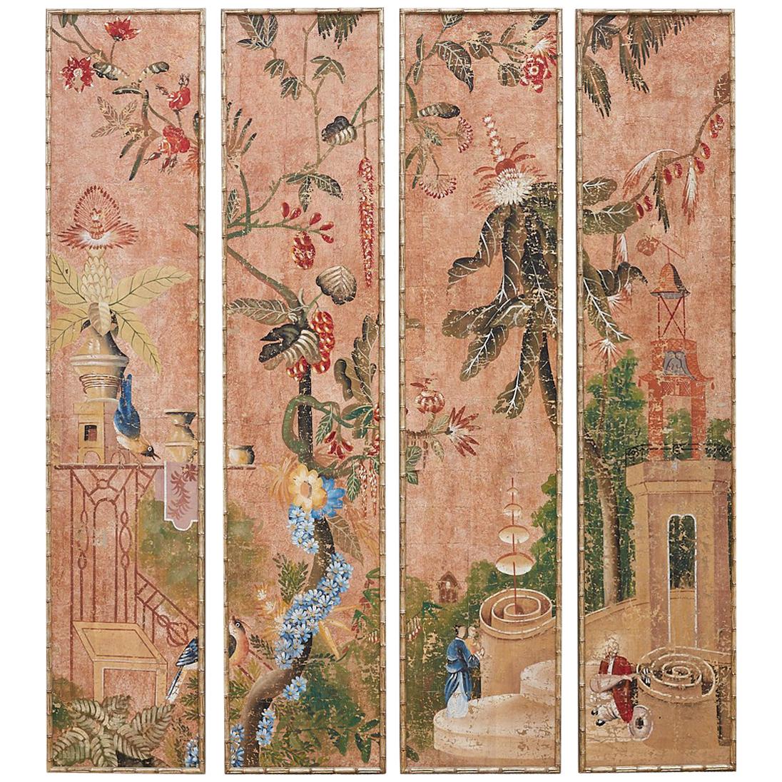 Set of Four Chinoiserie Painted Faux Bamboo Panels