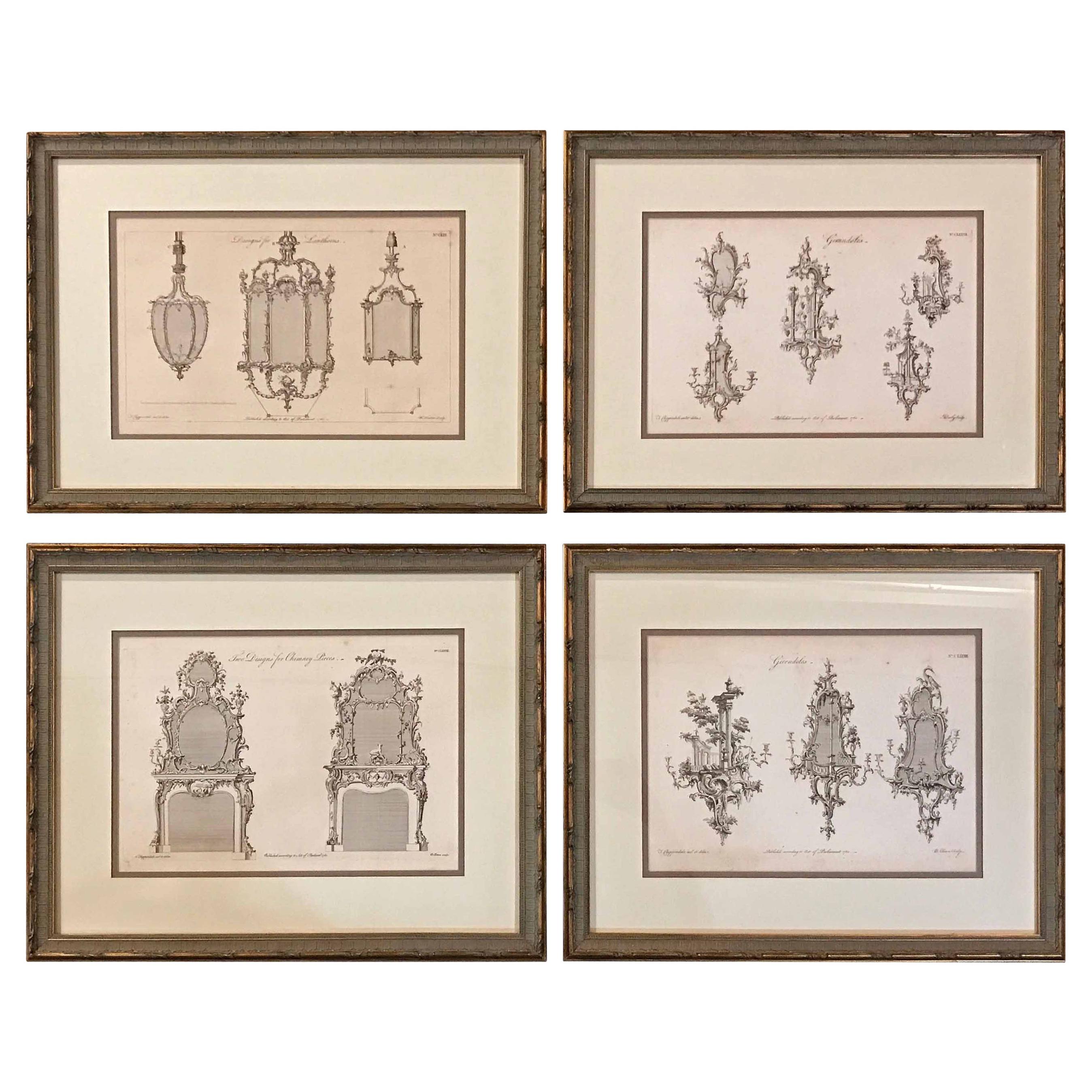 Ensemble de quatre gravures de livres design encadrées de style Chippendale, vers 1760