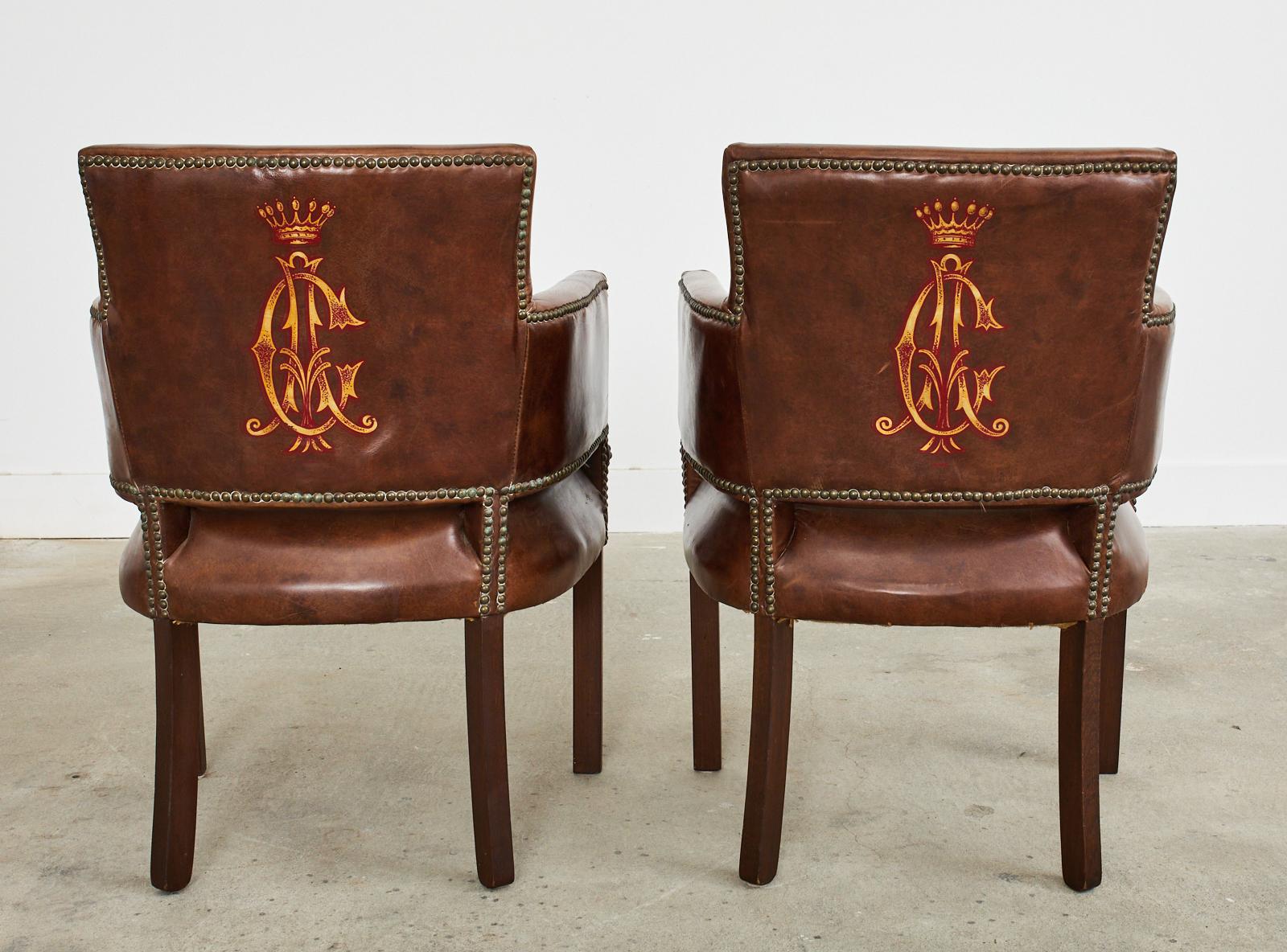 Set of Four Christian Audigier Cigar Leather Monogram Club Chairs For Sale 10