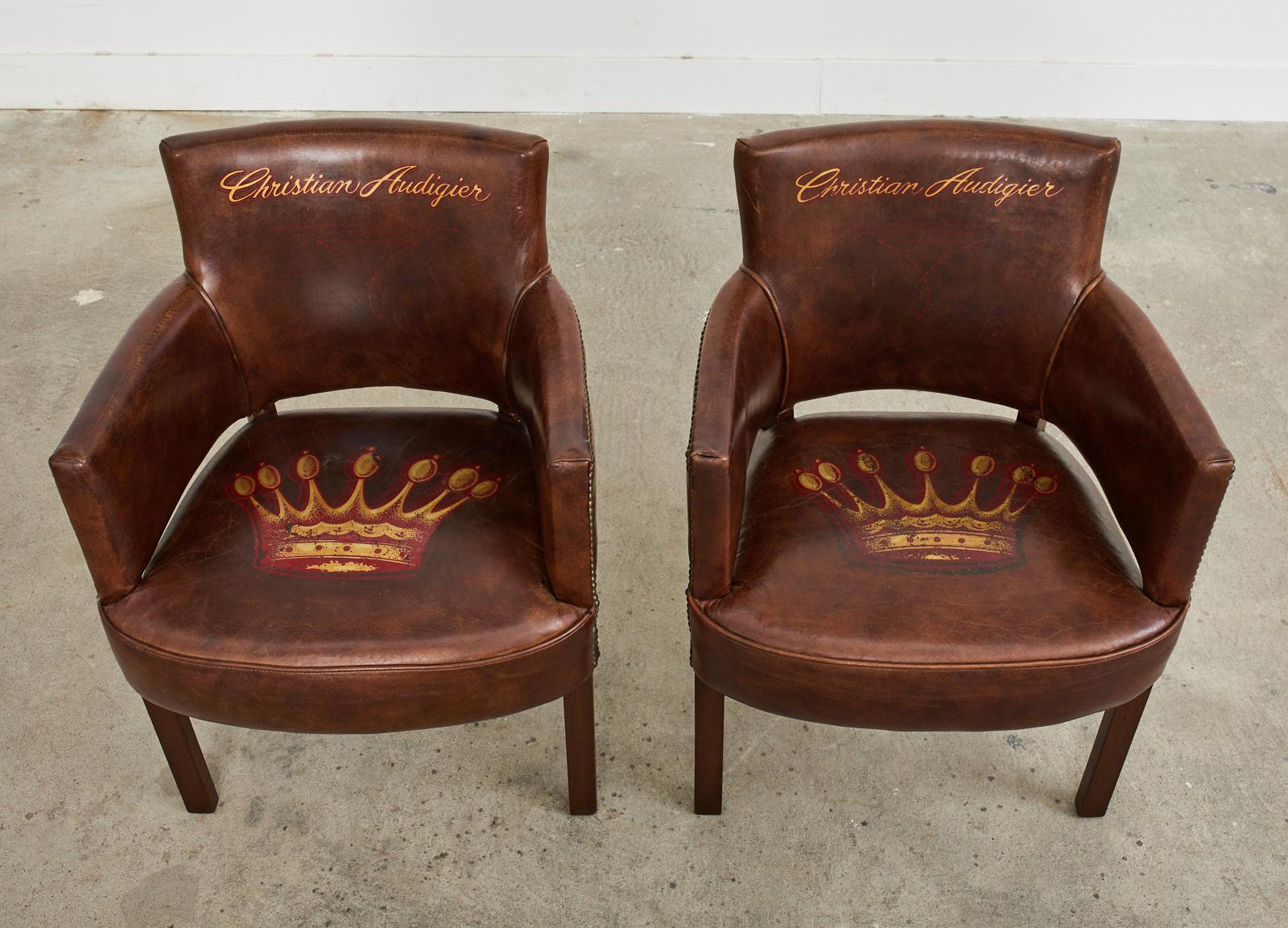 Art Deco Set of Four Christian Audigier Cigar Leather Monogram Club Chairs For Sale