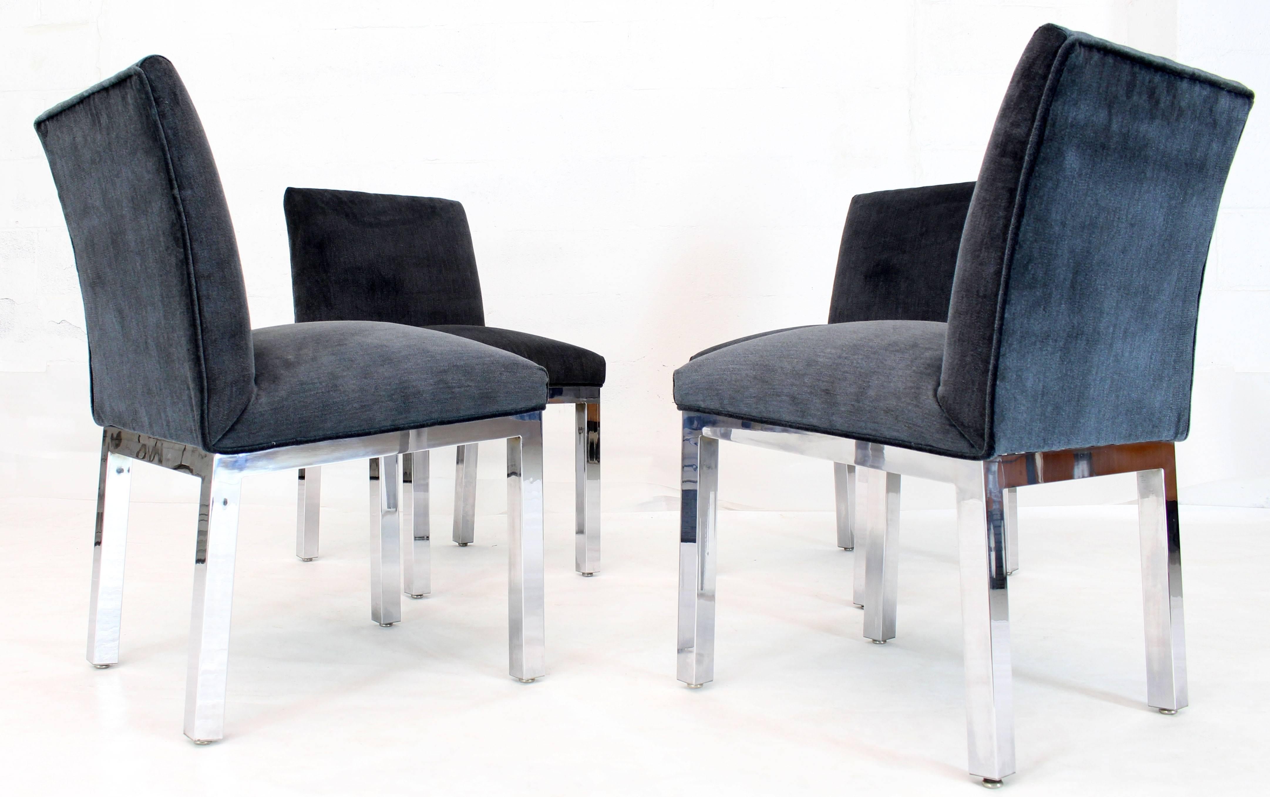 Set of four Mid-Century Modern new mohair upholstery dining chairs on chrome bases.
 