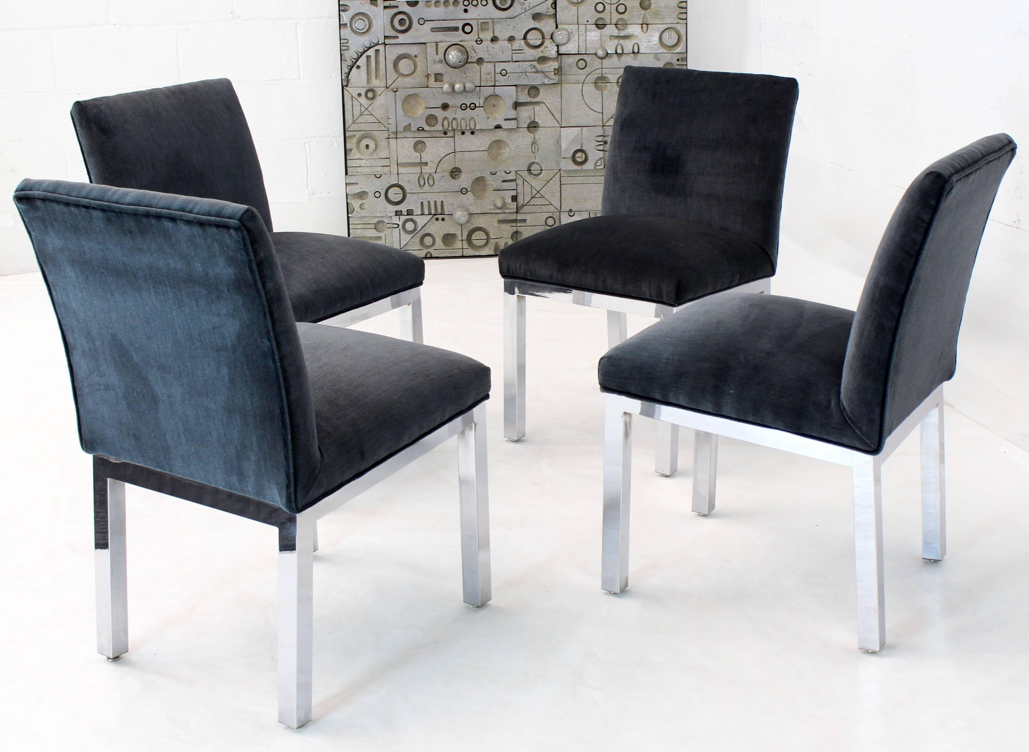 American Set of Four Chrome and Mohair Upholstery Dining Side Chairs For Sale
