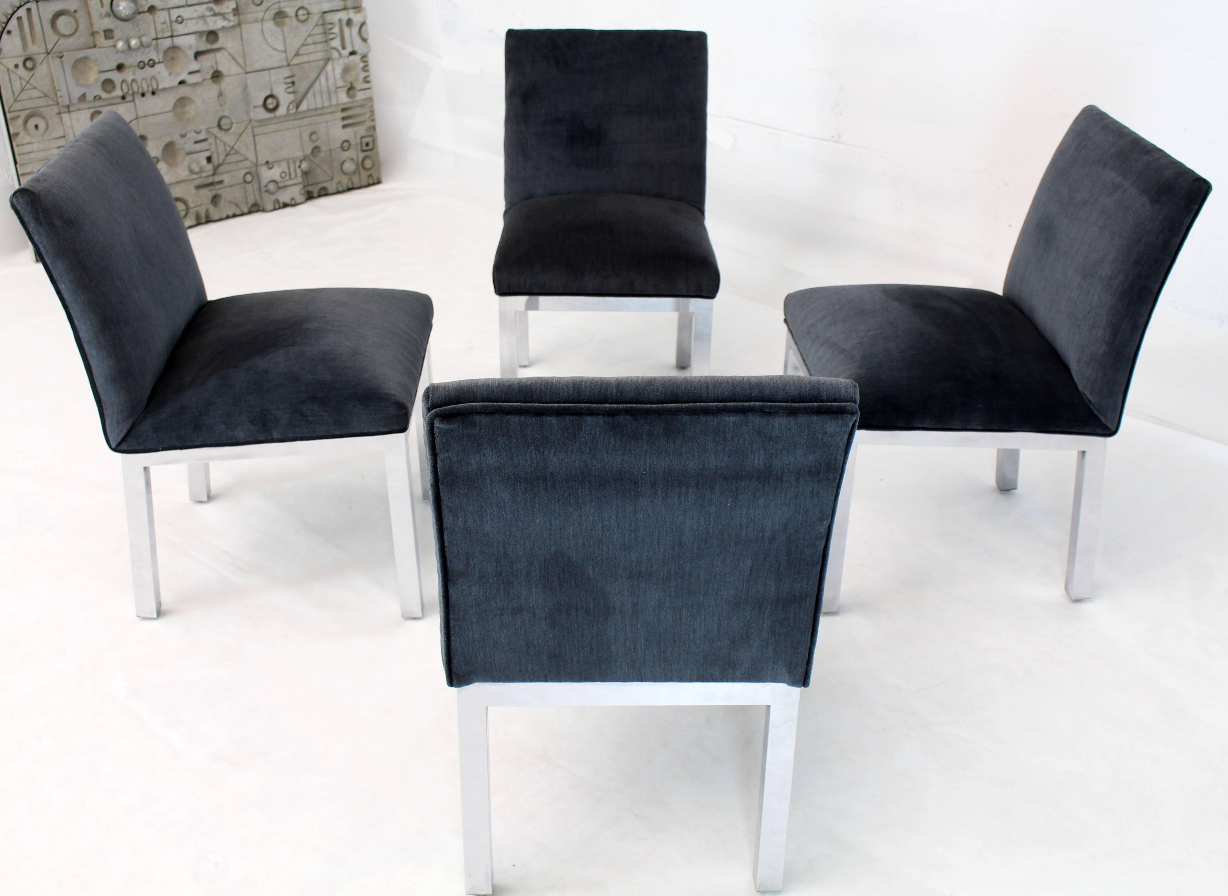Polished Set of Four Chrome and Mohair Upholstery Dining Side Chairs For Sale