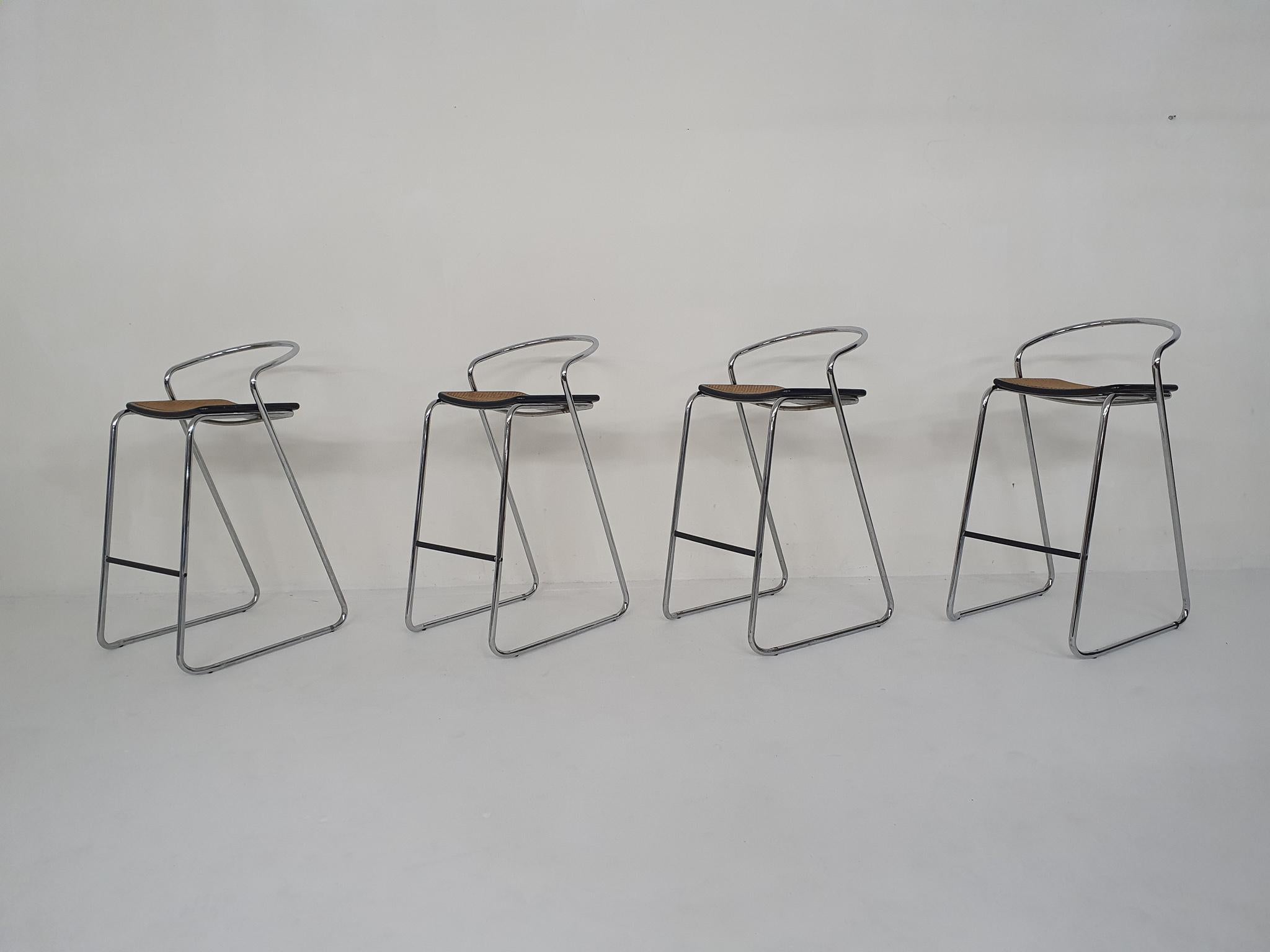 Mid-Century Modern Set of Four Chrome and Cane Bar Stools, 1970's