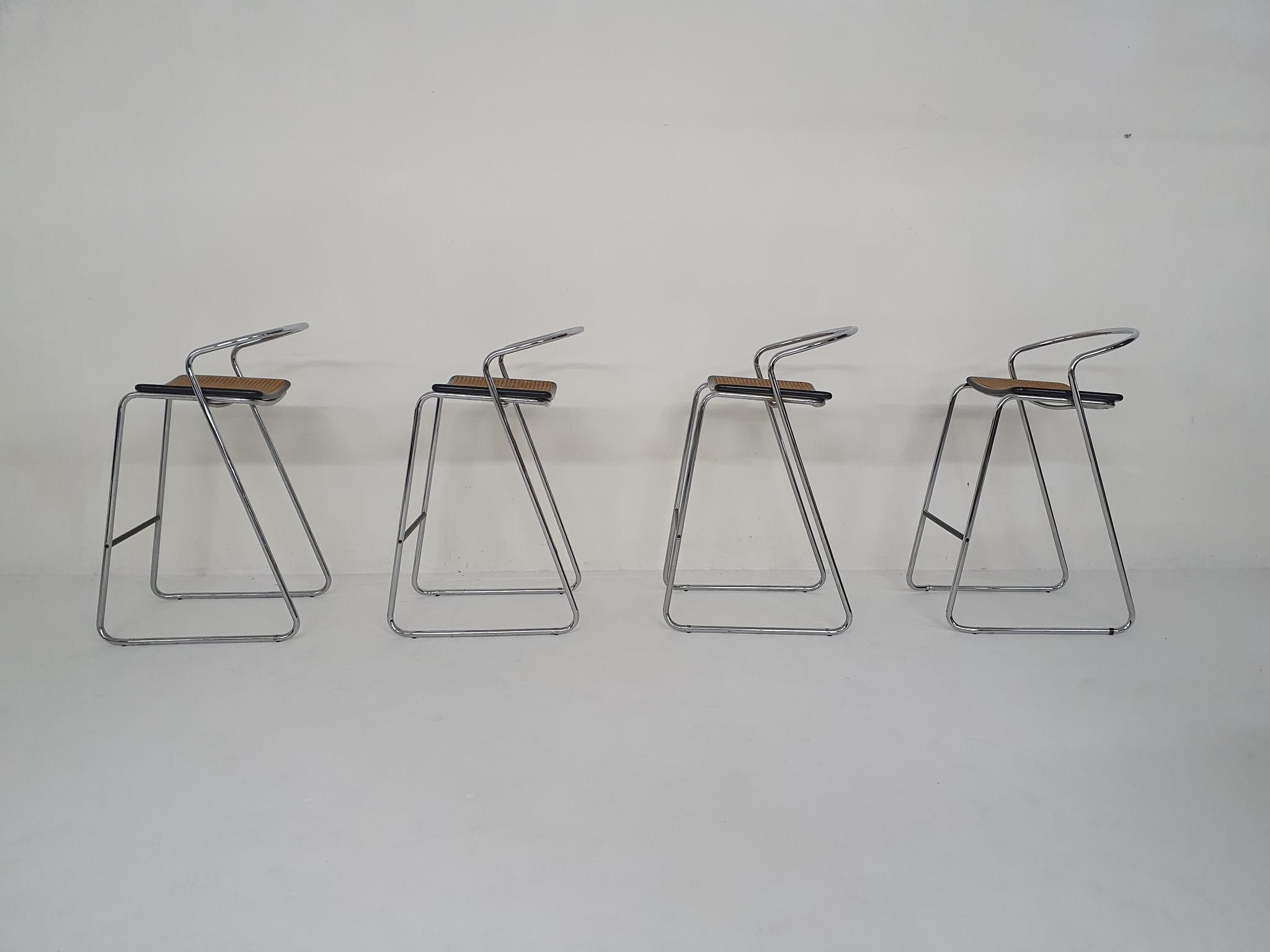 European Set of Four Chrome and Cane Bar Stools, 1970's