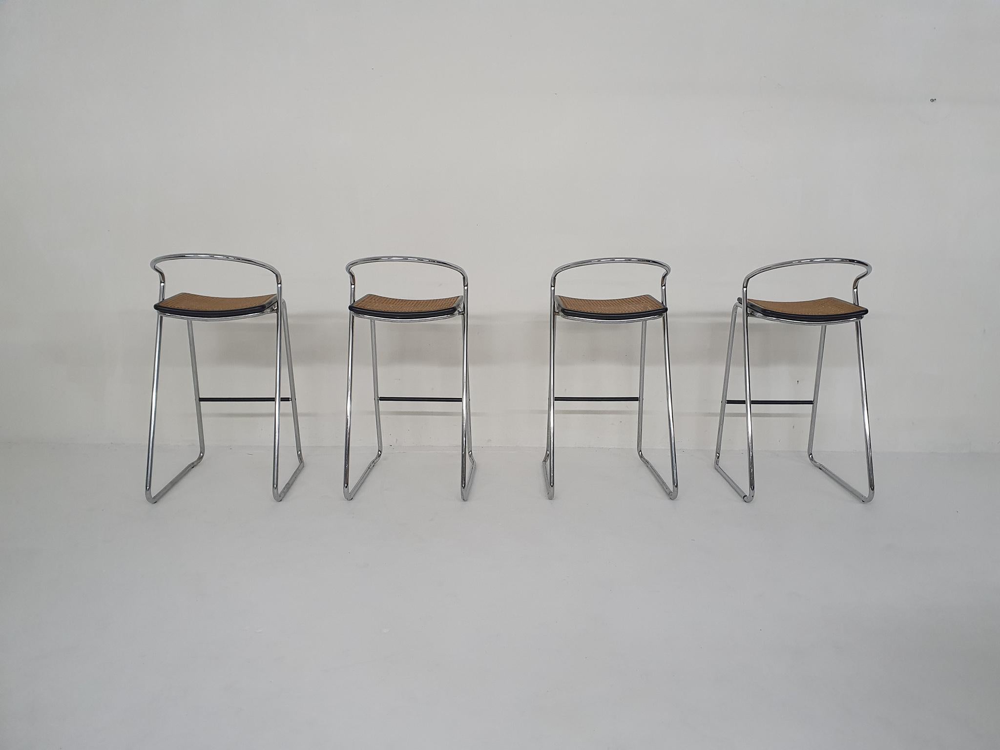 Set of Four Chrome and Cane Bar Stools, 1970's In Good Condition In Amsterdam, NL