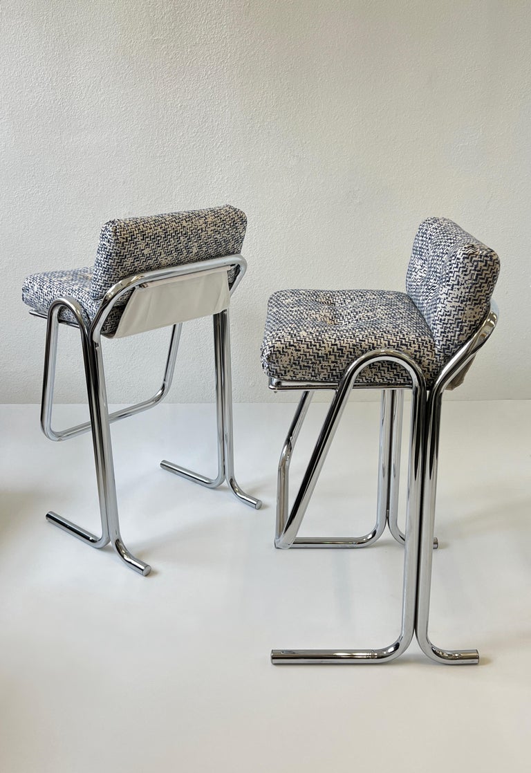 Modern Set of Four Chrome and Fabric Barstool by Jerry Johnson