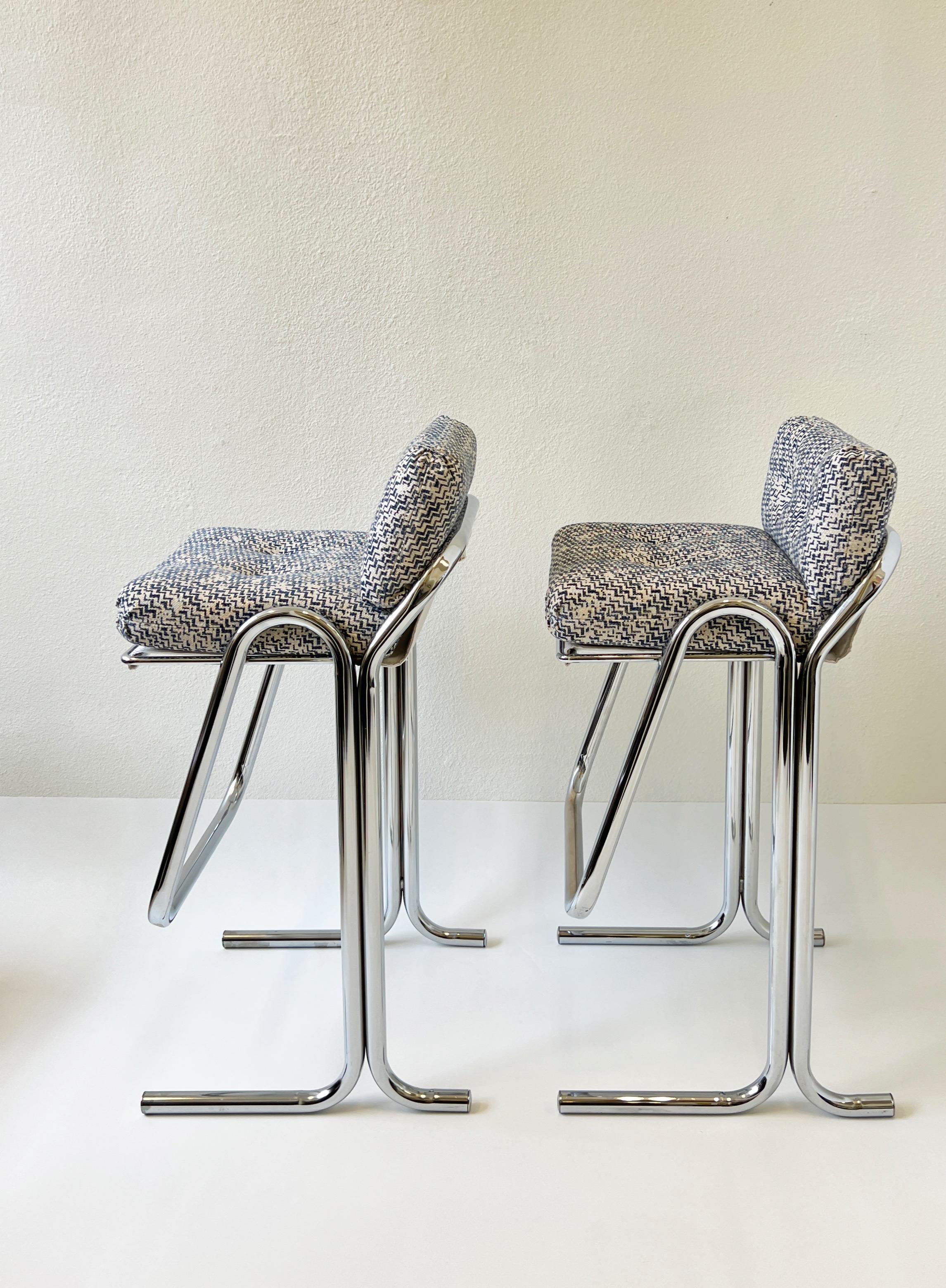 American Set of Four Chrome and Fabric Barstool by Jerry Johnson