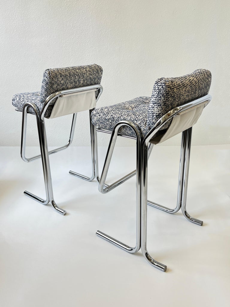 Polished Set of Four Chrome and Fabric Barstool by Jerry Johnson