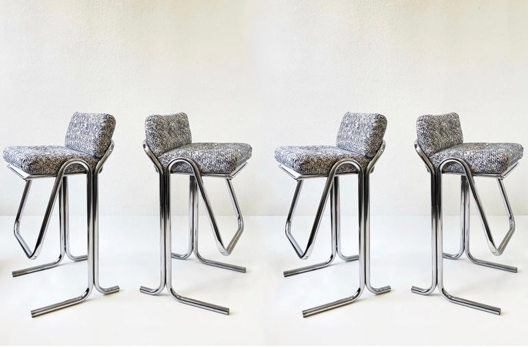 Set of Four Chrome and Fabric Barstool by Jerry Johnson 2