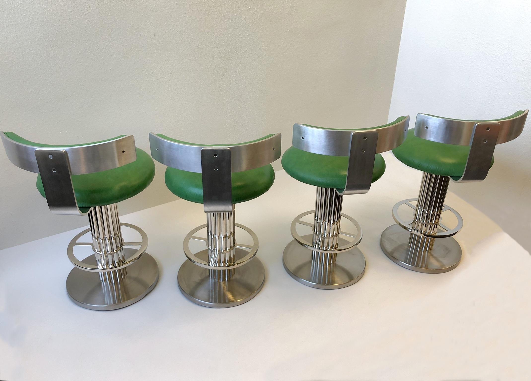 Modern Set of Four Chrome and Leather Swivel Barstools by Design for Leisure Ltd