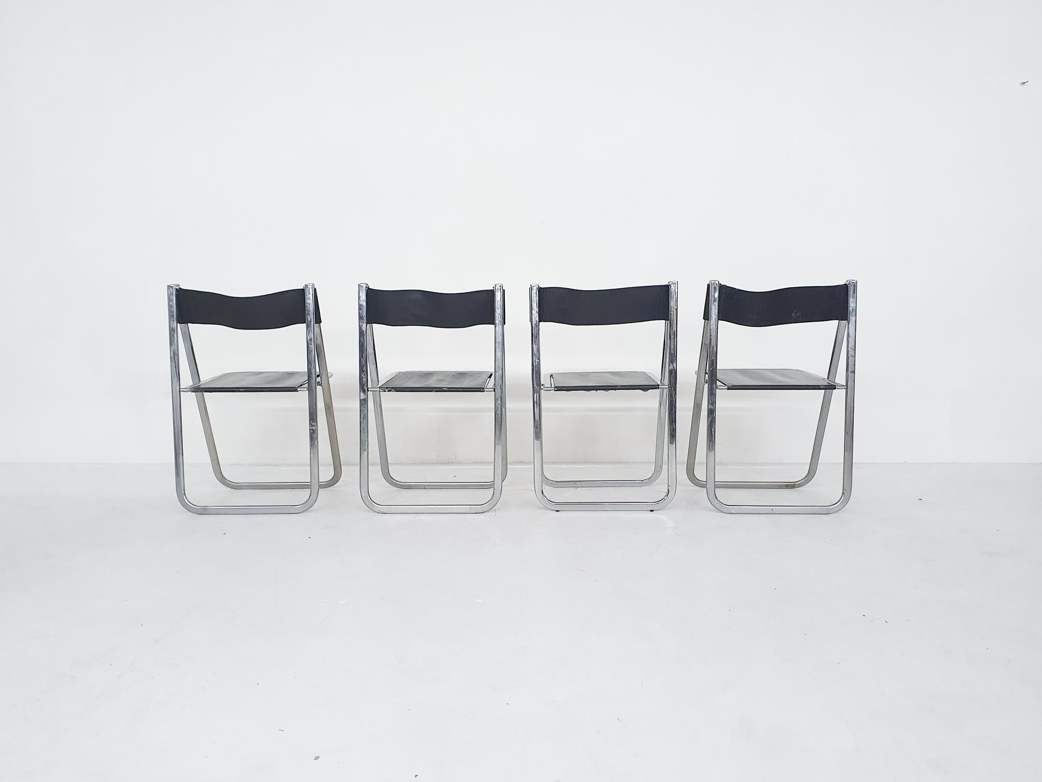Mid-Century Modern Set of Four Chrome and Leather “Tamara” Folding Chairs by Arrben, Italy, 1970s