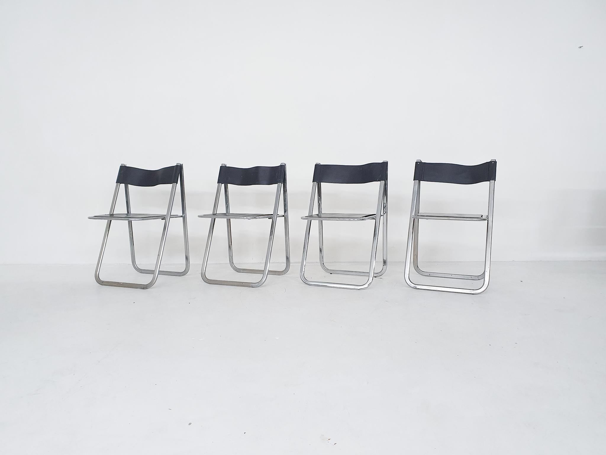 Italian Set of Four Chrome and Leather “Tamara” Folding Chairs by Arrben, Italy, 1970s