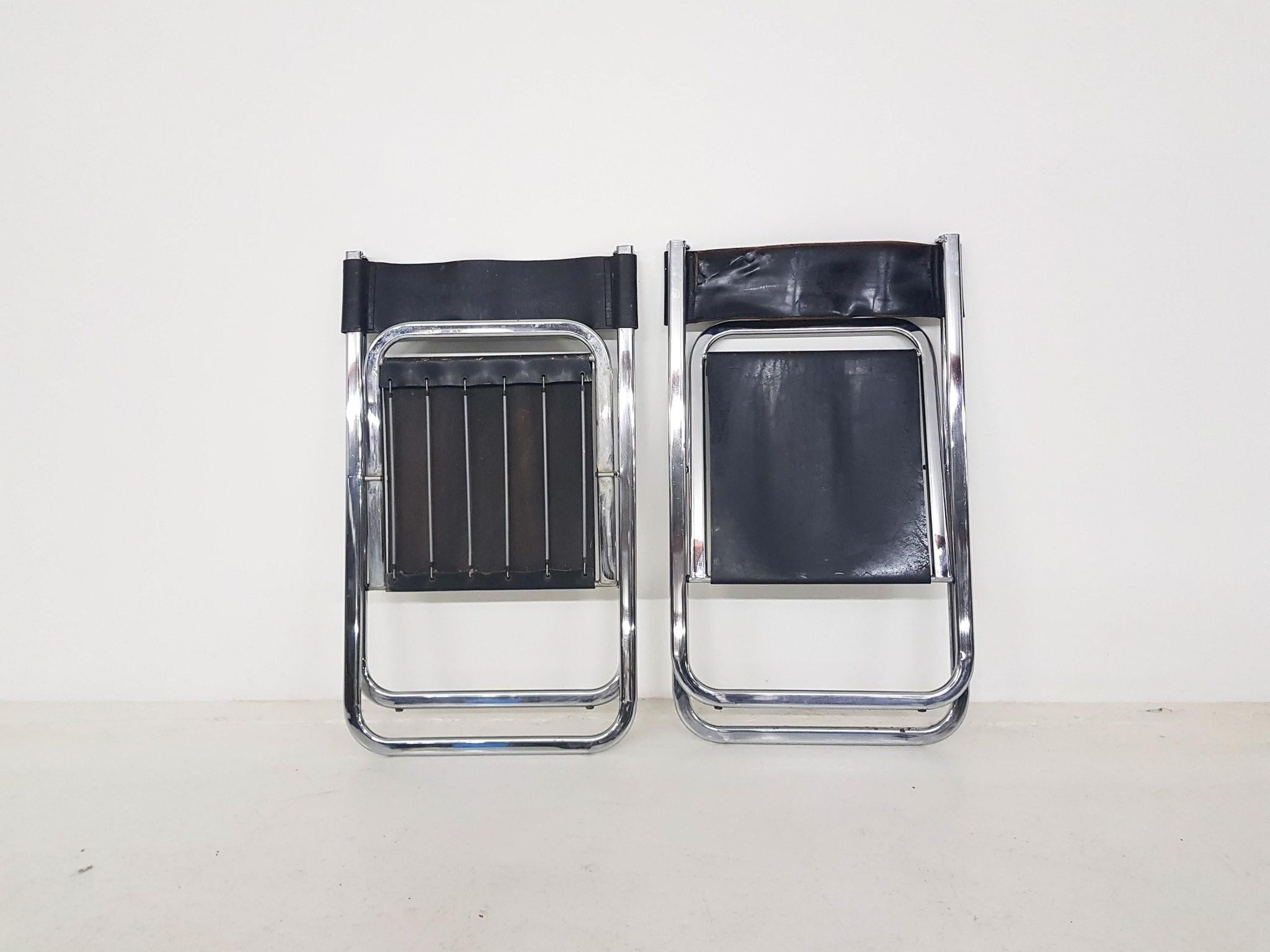 Late 20th Century Set of Four Chrome and Leather “Tamara” Folding Chairs by Arrben, Italy, 1970s