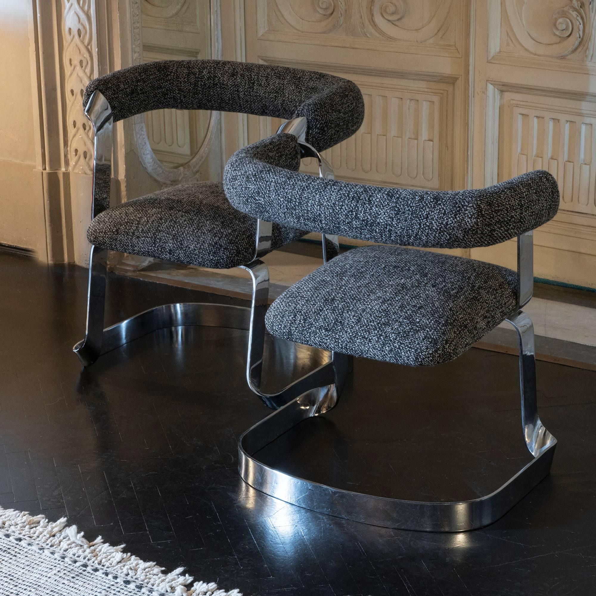 Modern Set of TwoChromed Dining Chairs, Black/White/Grey Woven Fabric, Italy, 1970s For Sale