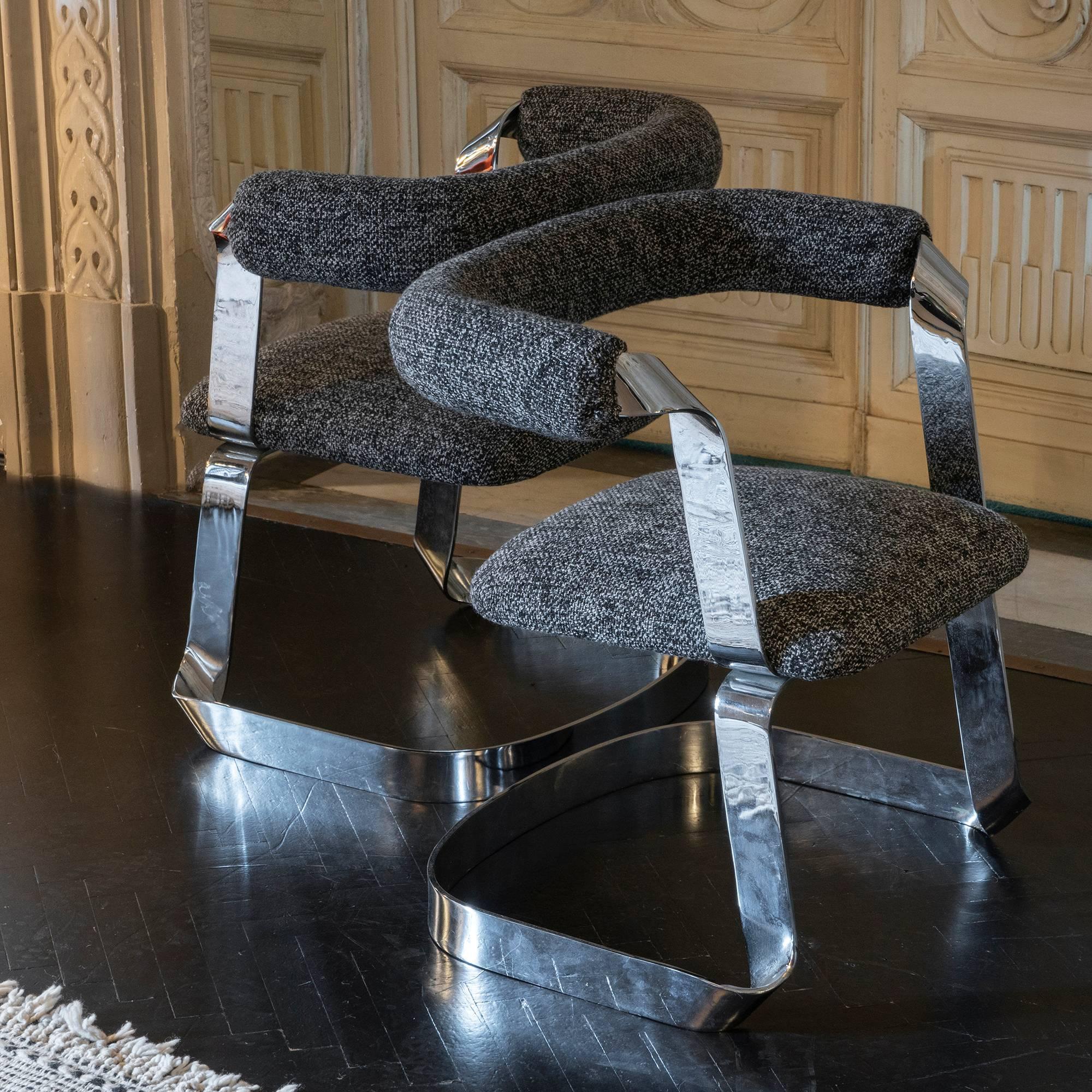 Set of two chromed dining chairs, original vintage patina structure newly reupholstered in black/white/grey wool woven fabric, Italy, circa 1970.
