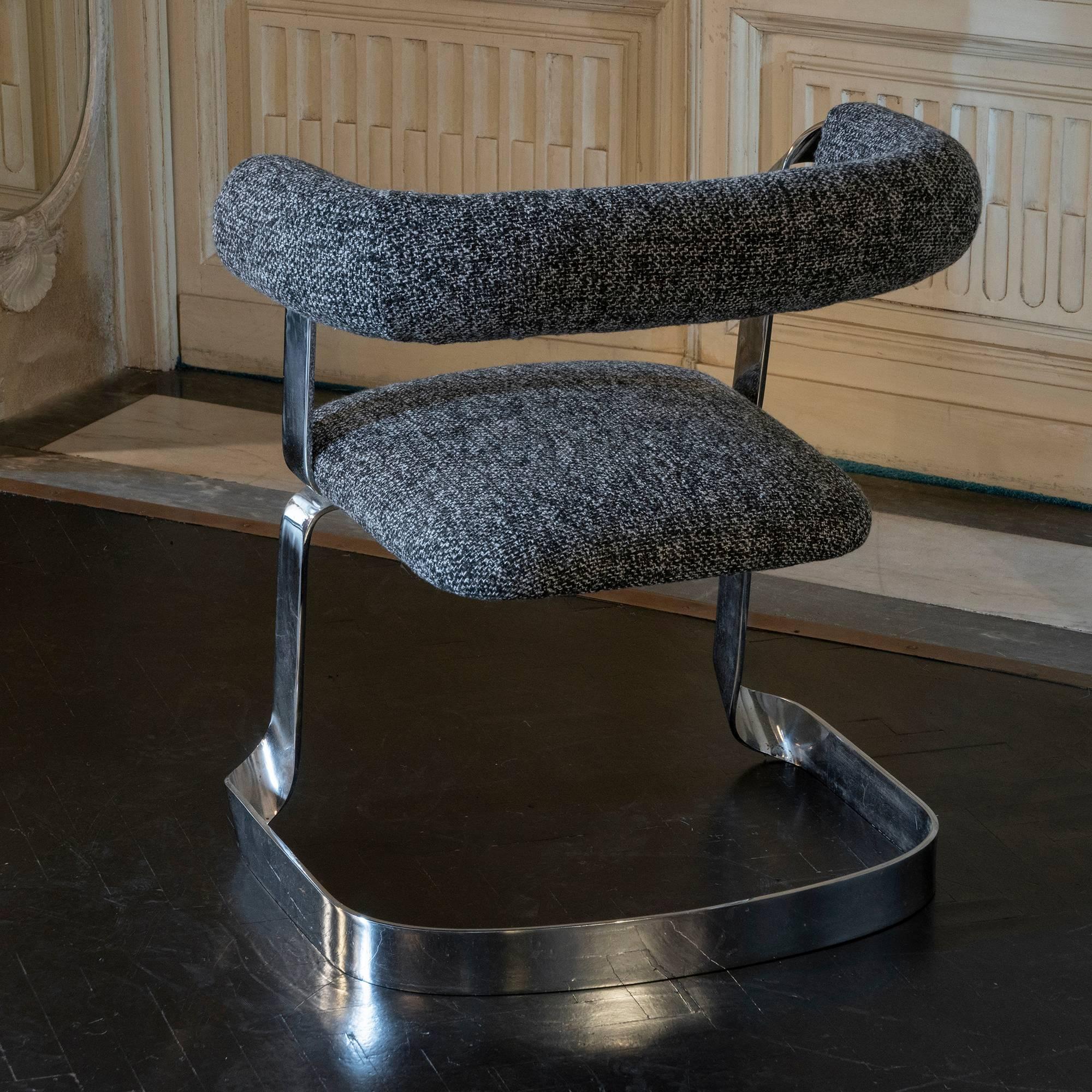 Late 20th Century Set of TwoChromed Dining Chairs, Black/White/Grey Woven Fabric, Italy, 1970s For Sale