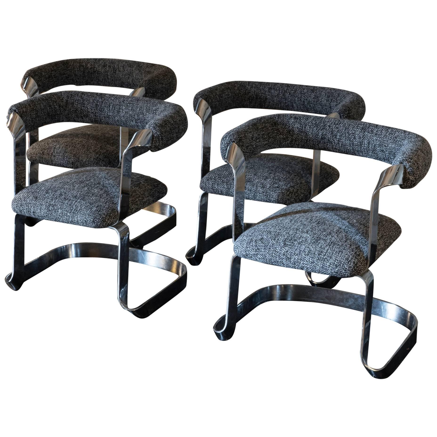 Set of TwoChromed Dining Chairs, Black/White/Grey Woven Fabric, Italy, 1970s For Sale